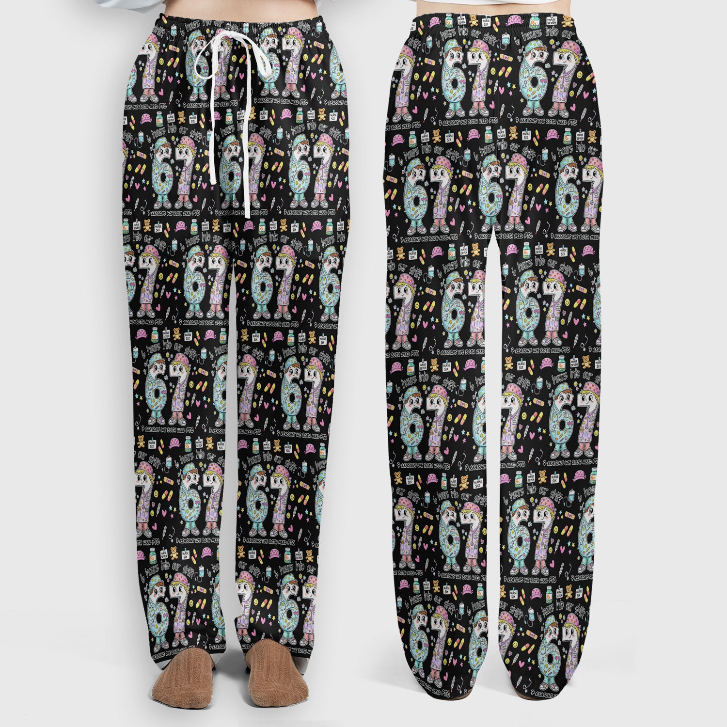 Cartoon Characters Six Hours Into Shift With Medical Doodle Scrub Set, Breathable Med Uniform