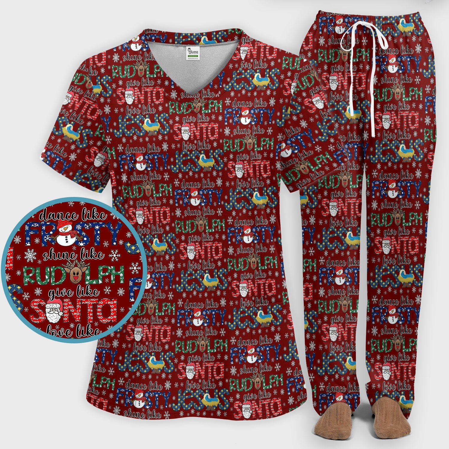 Xmas Rudolph Comfortable Scrub Set for Nurses - God Santa Scrub Pants and V Neck Top - Breathable Med Uniform