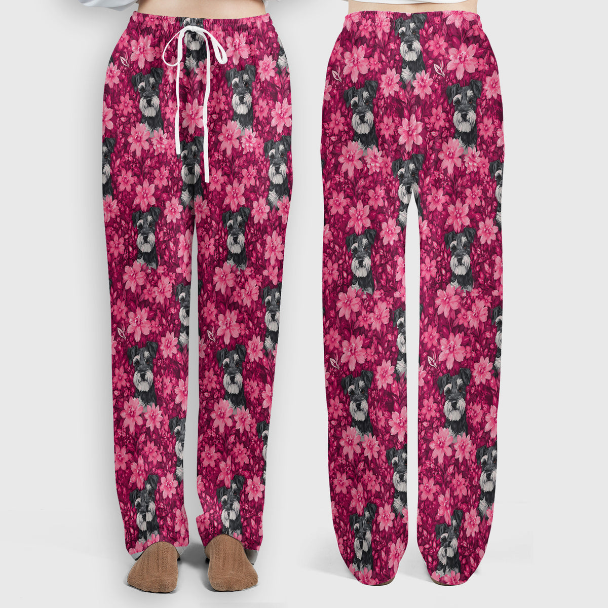 Pink Floral Schnauzer Pattern Scrub Set, Scrub Pants and V Neck Top