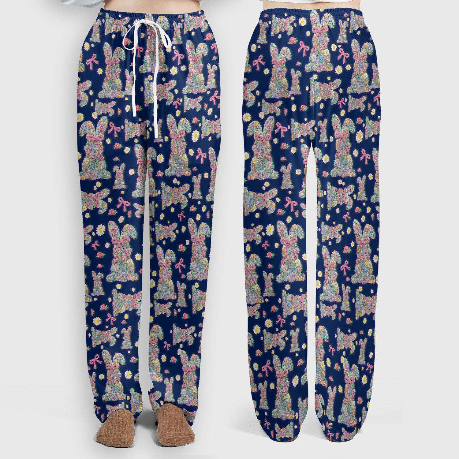 Colorful Floral Bunny with Pink Bow Pattern Scrub Set, Breathable Med Uniform