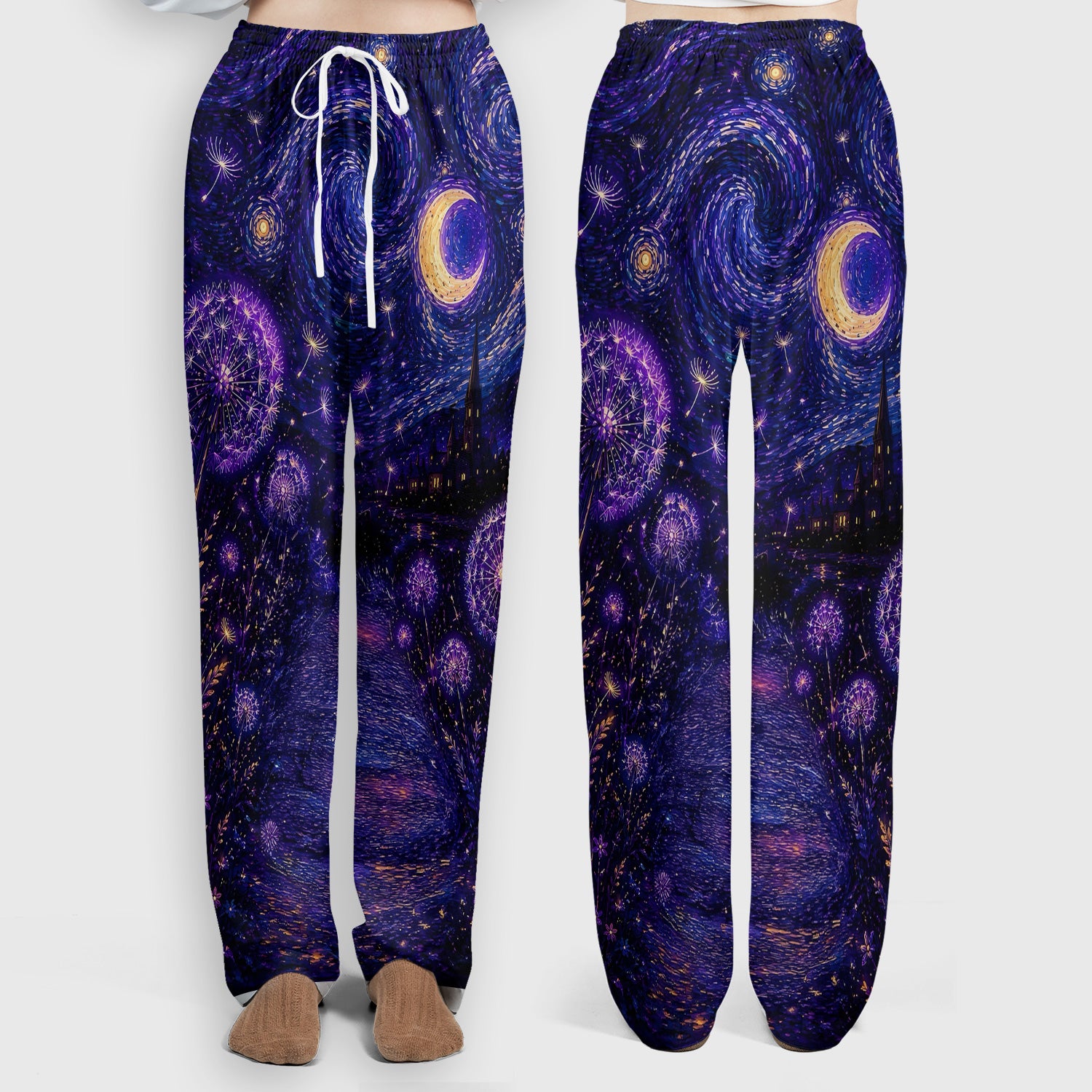 Mystical Black Cat Starry Night Print Scrub Set, Scrub Pants and V Neck Top