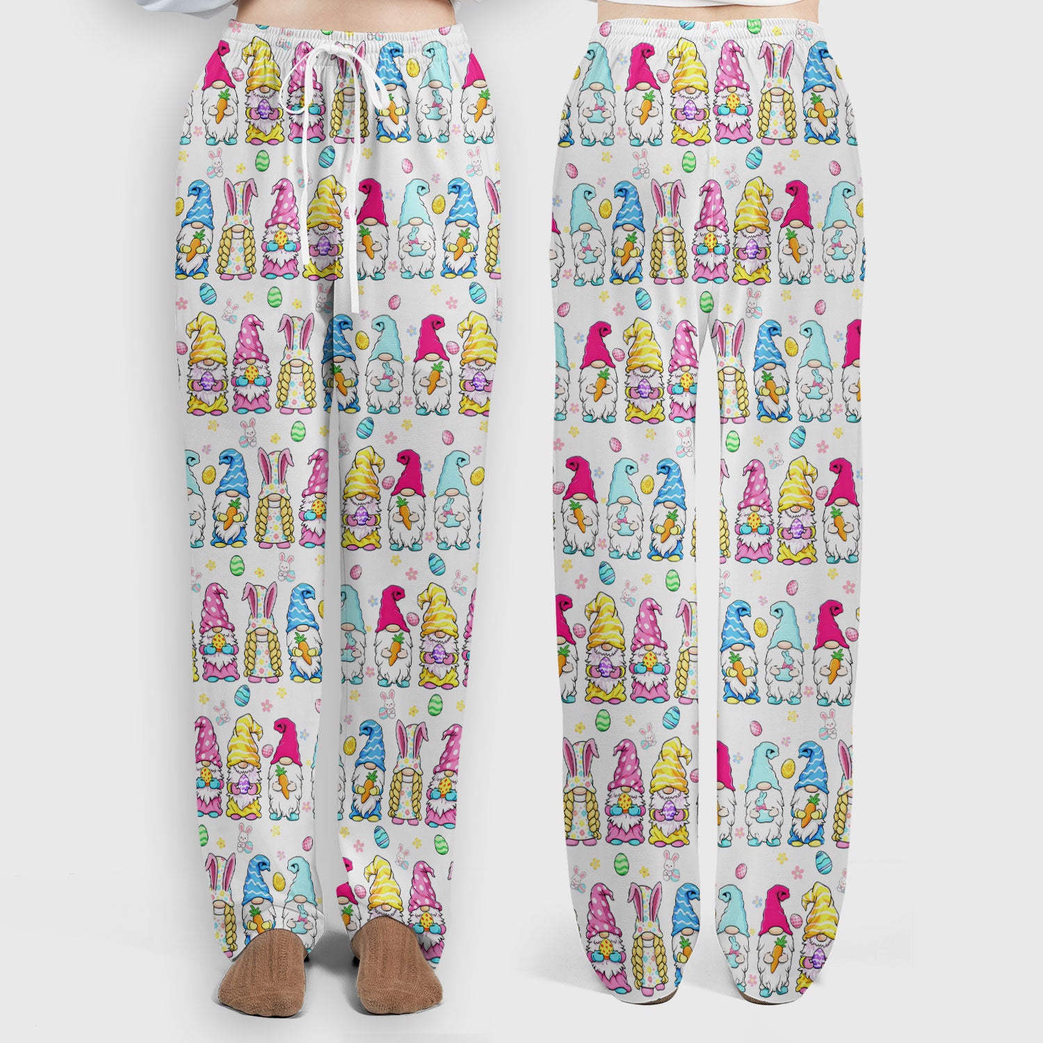 Colorful Easter Gnome Bunny Eggs Pattern Scrub Set, Women's Scrub Sets
