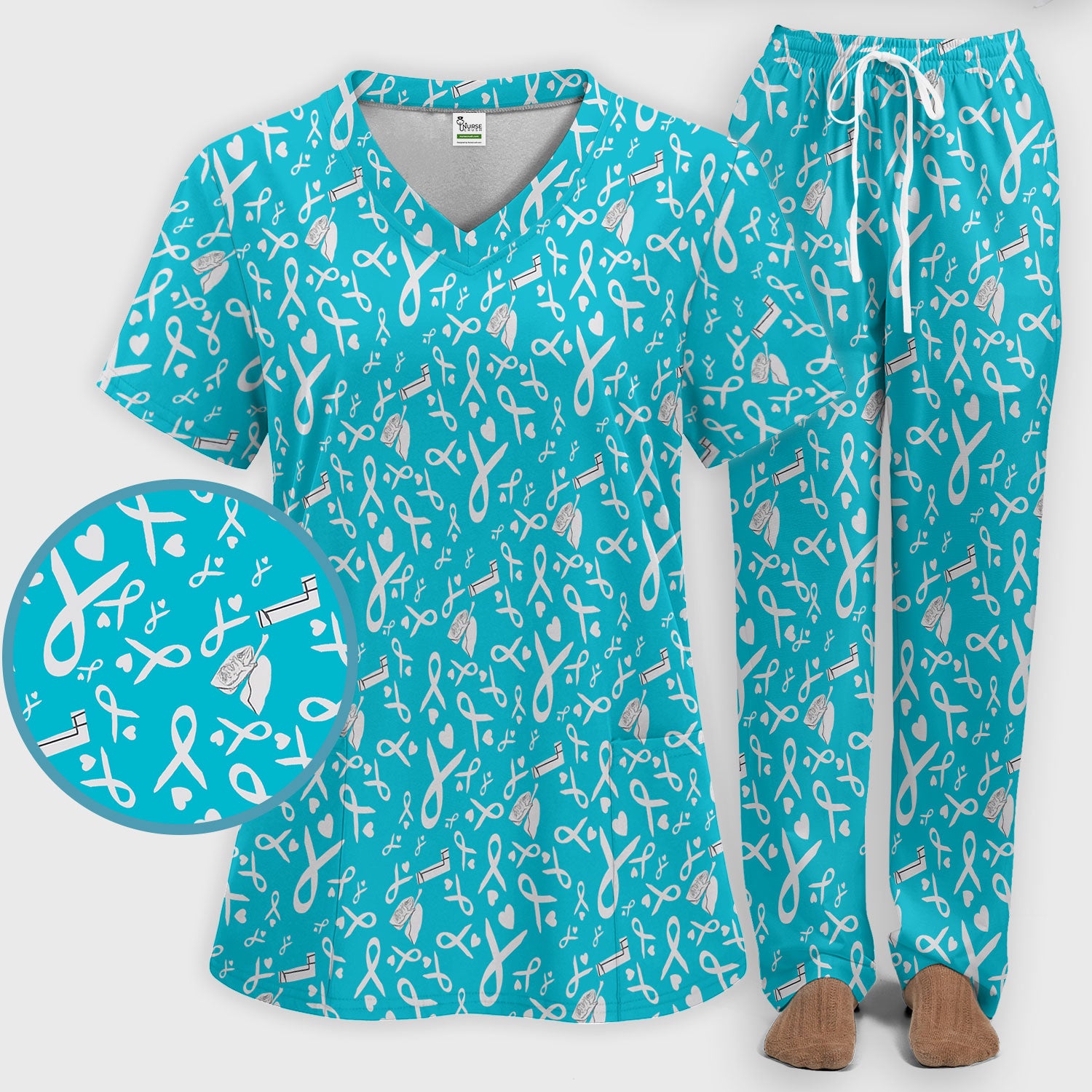 Lung Cancer Awareness Scrub Set for Women - Gray Ribbon Inhaler and Lungs Scrubs Pants and V Neck Top - COPD Asthma Med Uniform