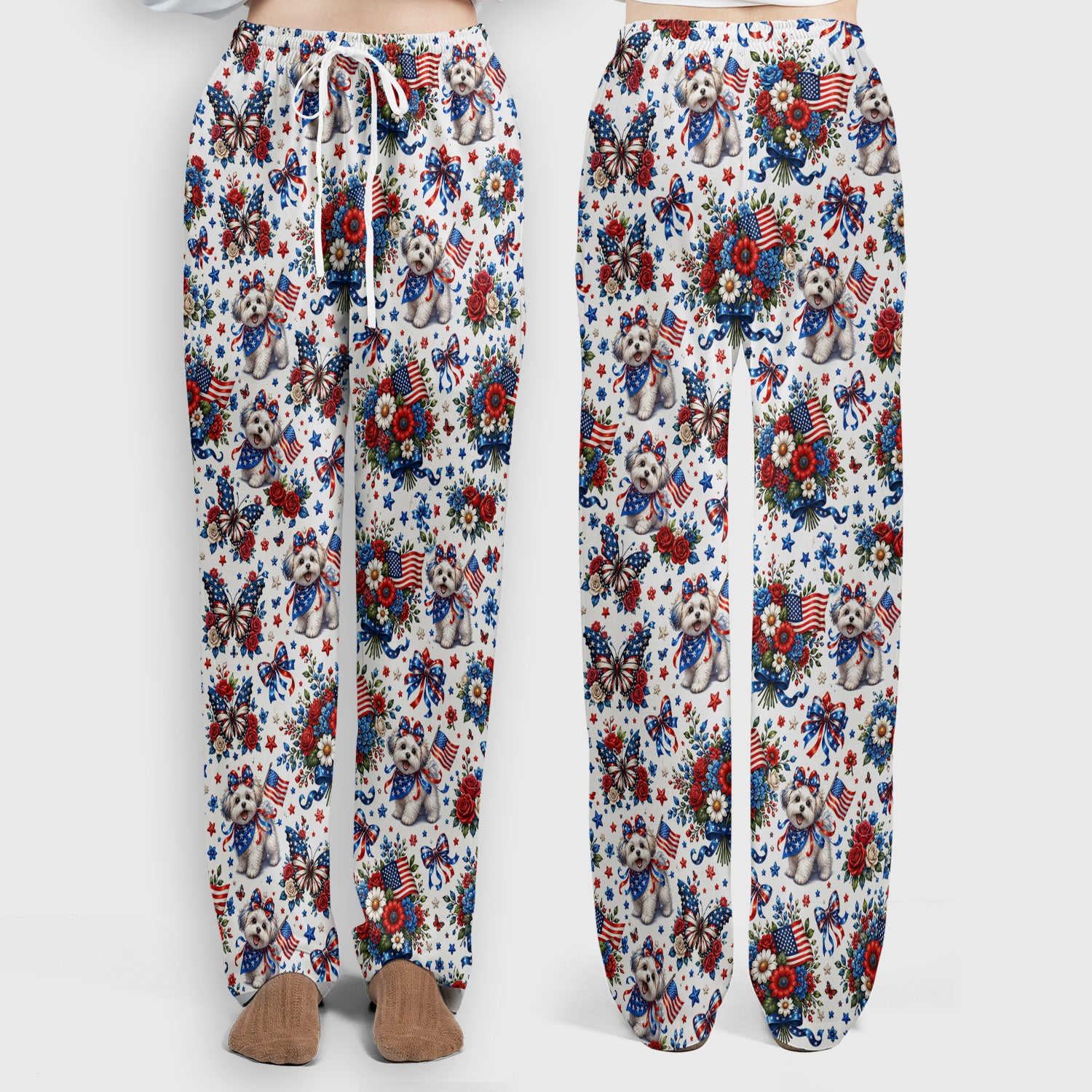 Patriotic Puppy Floral Bouquet Pattern Scrub Set, Scrub Pants and V Neck Top