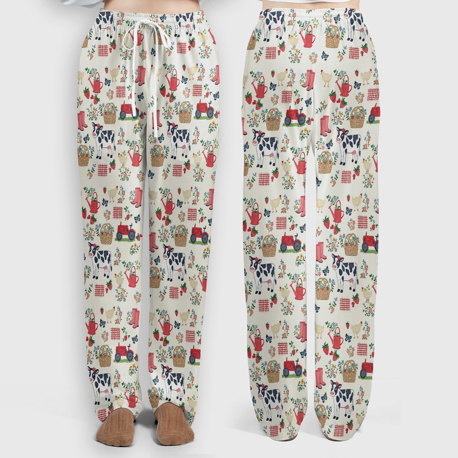Cute Cow Chicken Farm Pattern Scrub Set, Women's Scrub Sets