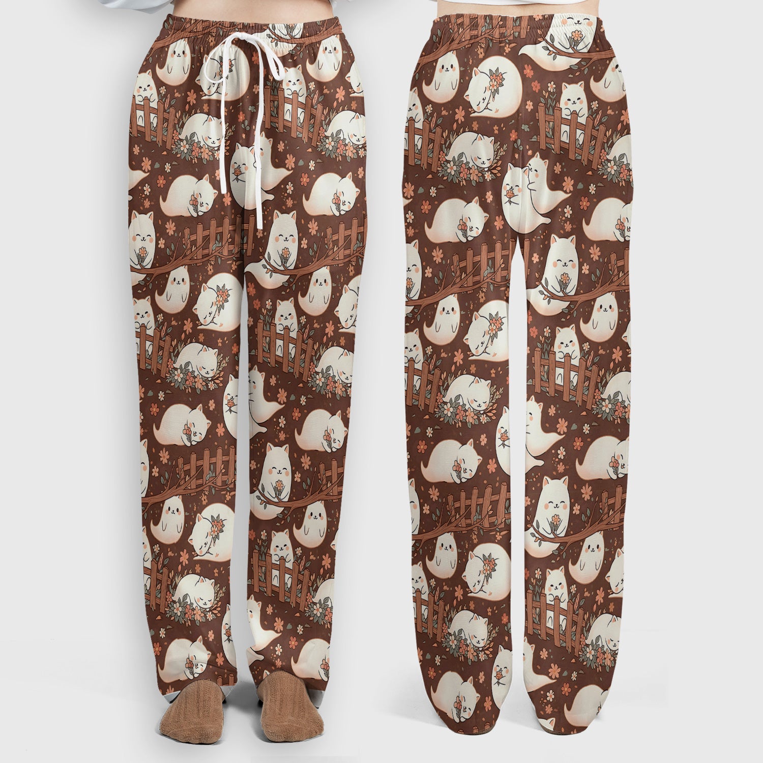 Floral Cat with Garden Fence Print Scrub Set, Scrub Pants and V Neck Top