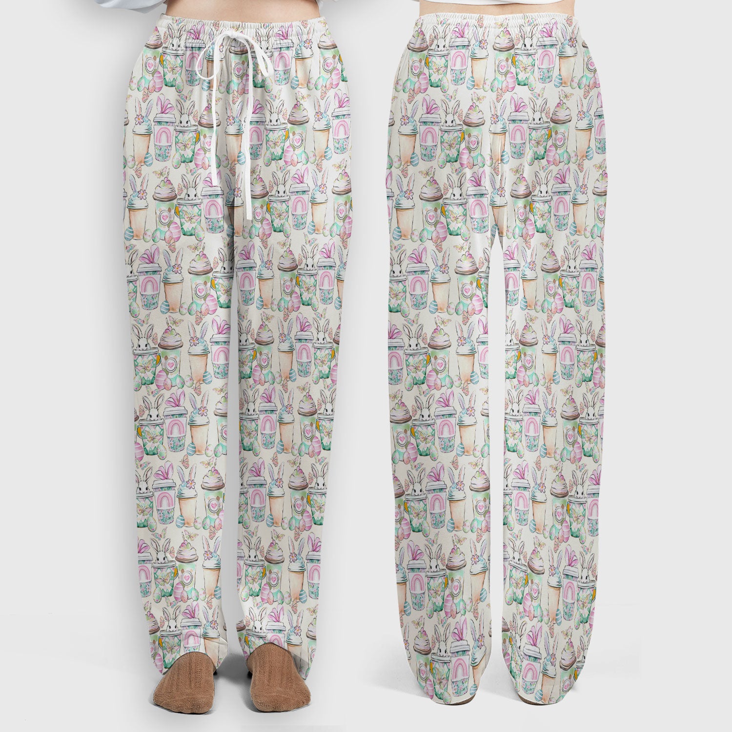 Cute Easter Bunny Coffee Cup Pattern Scrub Sets, Scrub Pants and V Neck Top