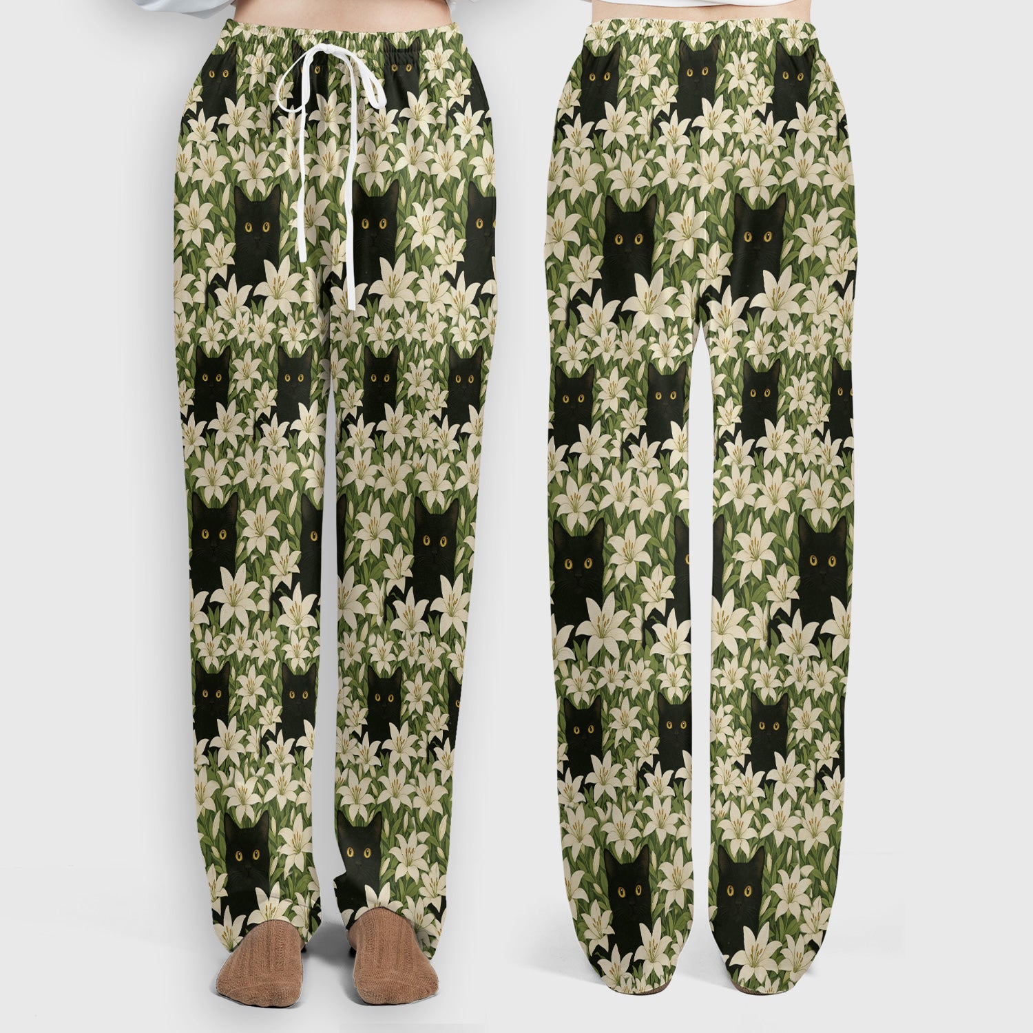 Black Cat Hidden In Lily Garden Pattern Scrub Set, Scrub Pants and V Neck Top