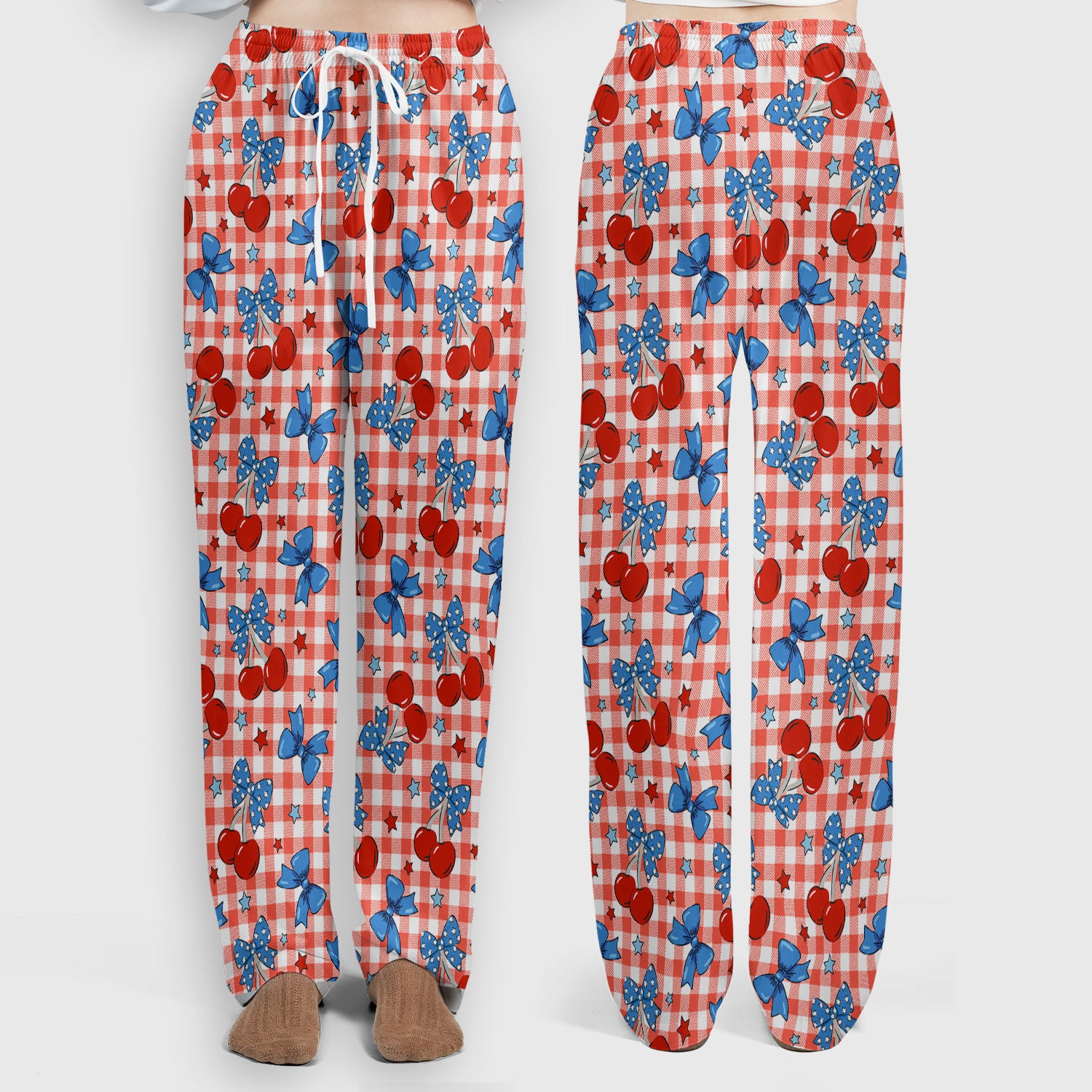 Cute Patriotic Cherry Bow Checkered Pattern Scrub Set, Scrub Pants and V Neck Top