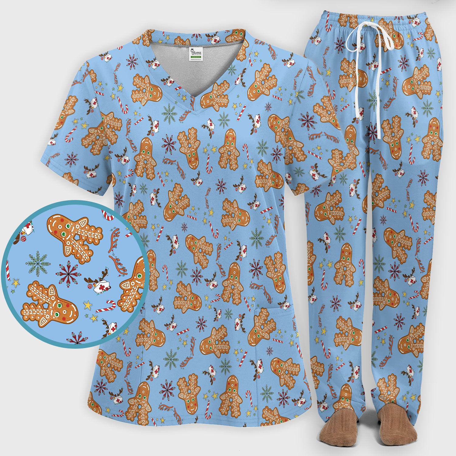 Gingerbread Cookies Reindeer Scrub Sets - Comfortable Scrubs for Nurses - Funny Christmas Gingerbread Scrub Pants and V Neck Top