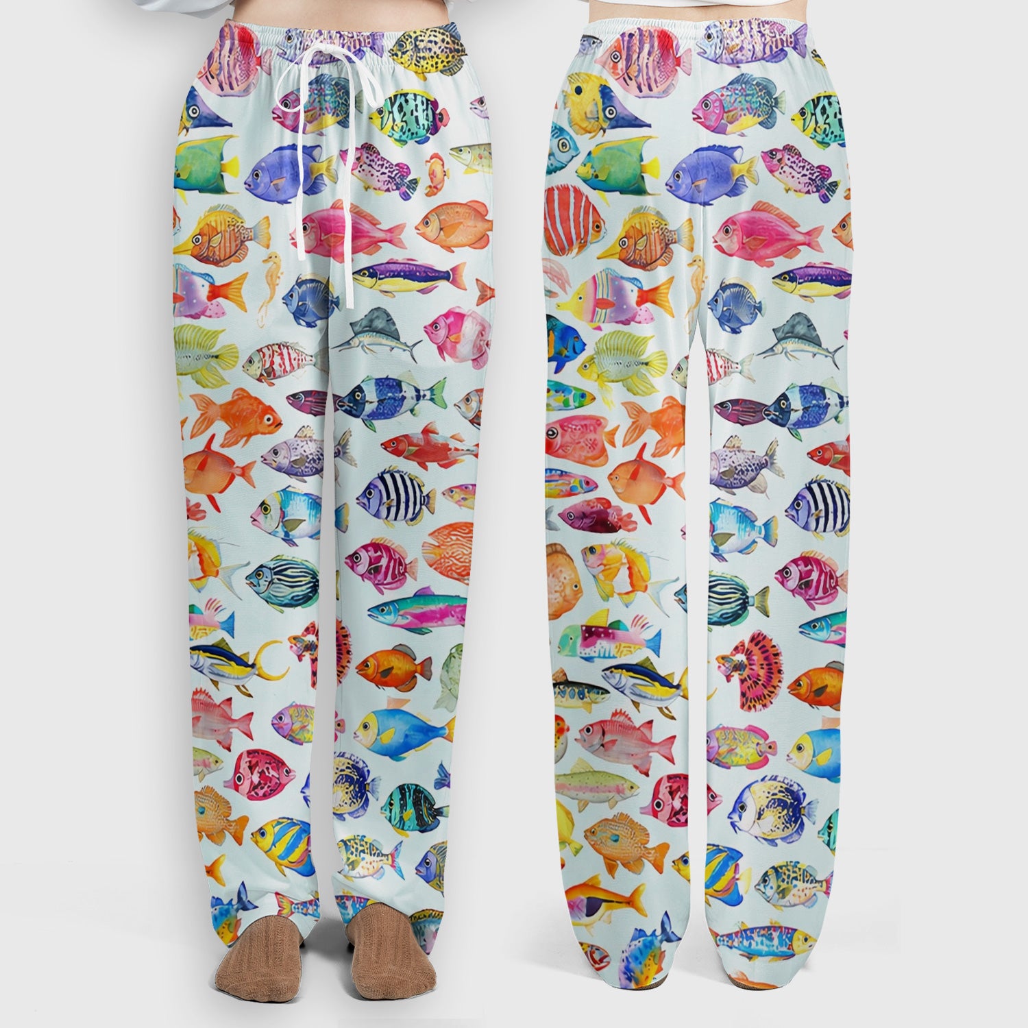Colorful Tropical Fish Print Scrub Set, Scrub Pants and V Neck Top