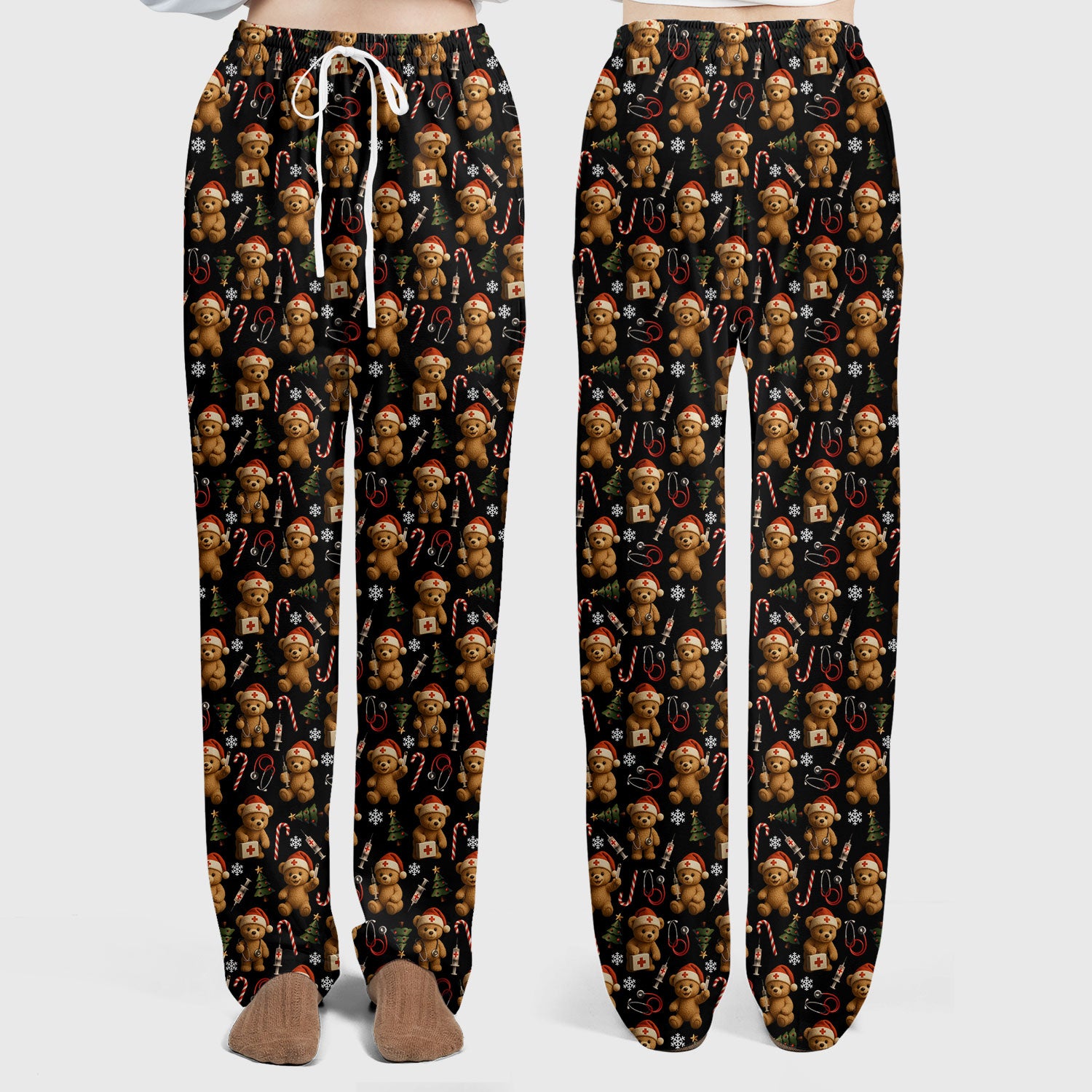 Gingerbread Bear Nurse Christmas Scrub Set - Cute Holiday Medical Pattern with Stethoscopes & Candy Canes - Festive Scrubs for Women