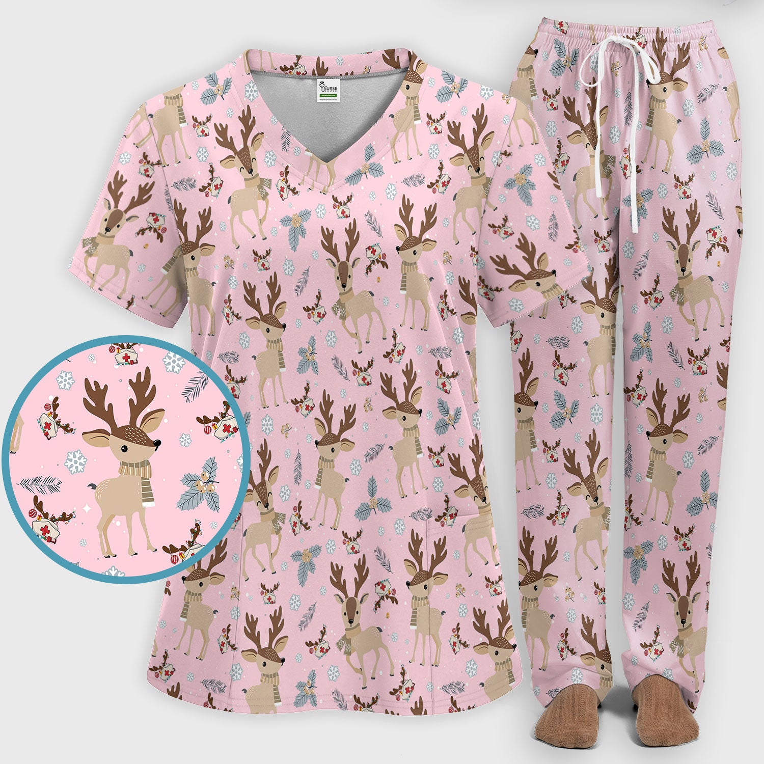 Reindeer Christmas Scrub Set - Cozy Beige Holiday Nurse Shirt with Cute Deer Pattern - Festive Medical Scrubs Pants and V Neck Top