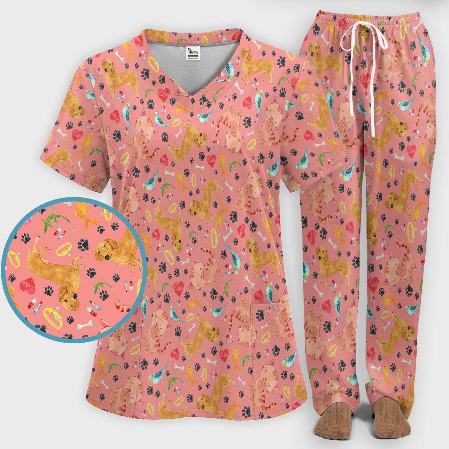 Cat Dog Veterinary Scrub Set - Cute Animal Paw Print Medical Pants and V Neck Top for Women RN CNA Vet Tech