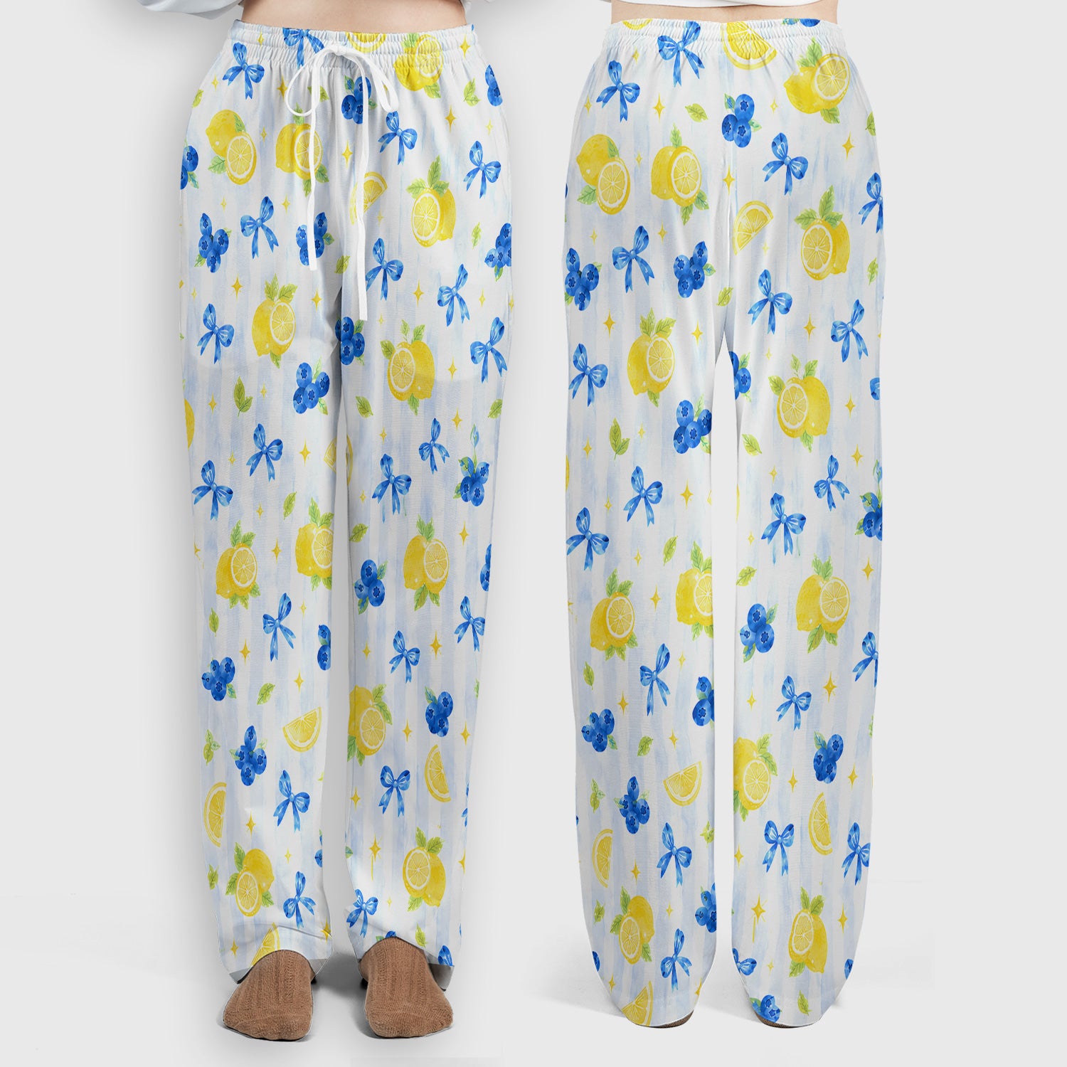 Lemon Blueberry Bow Nurse Print Scrub Set, Scrub Pants and V Neck Top