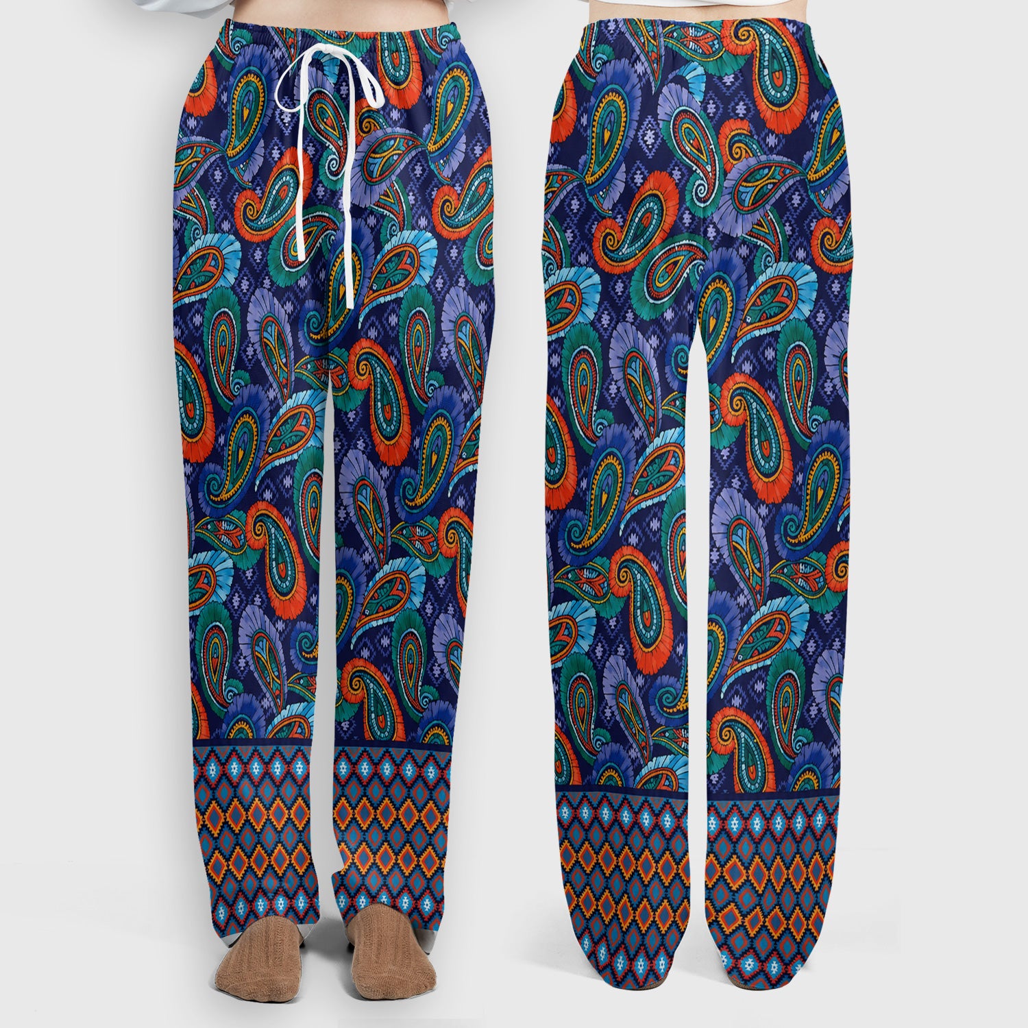 Colorful Paisley Geometric Border Pattern Scrub Set, Scrub Pants and V Neck Top