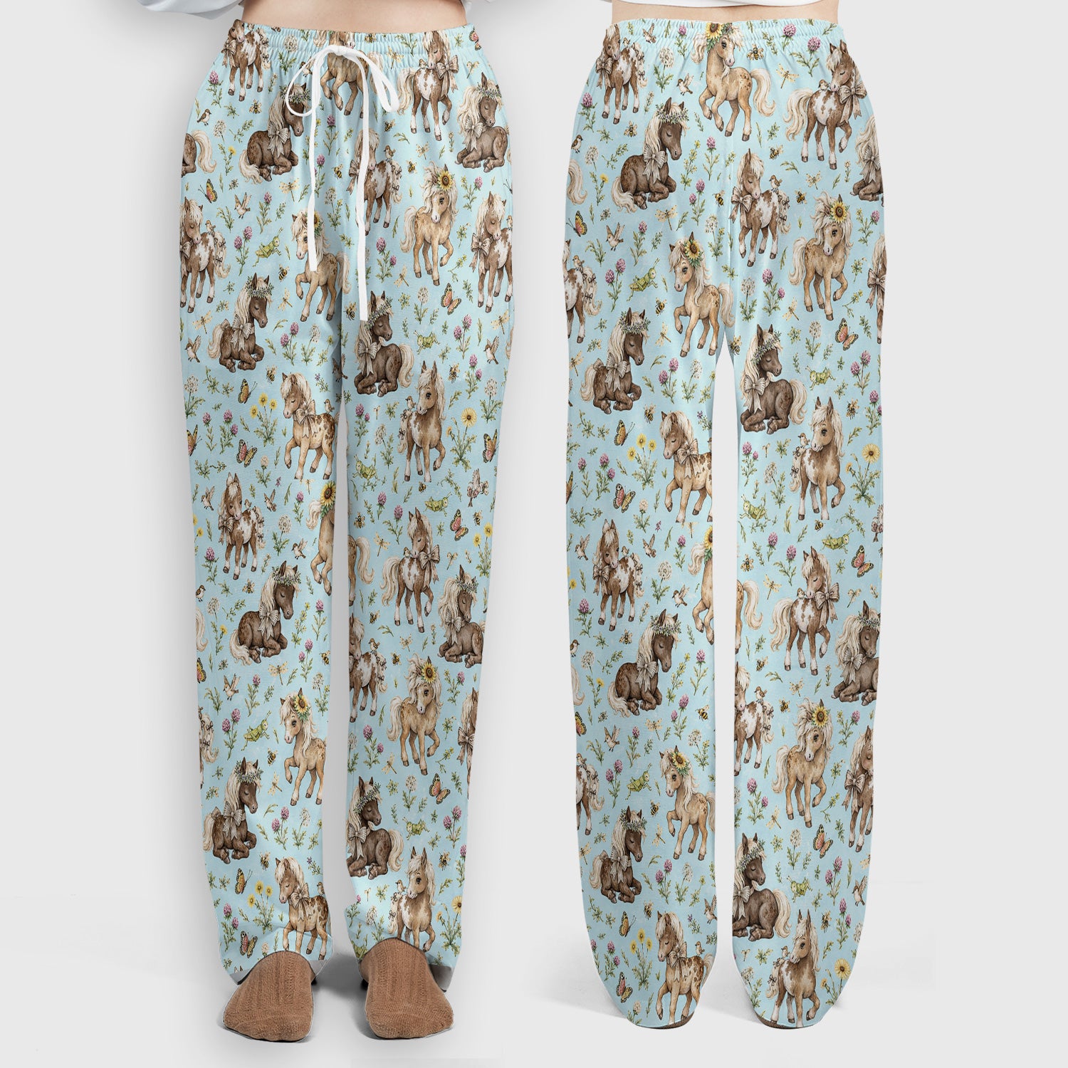Cute Pony Garden with Butterfly Floral Meadow Print Scrub Set, Scrub Pants and V Neck Top