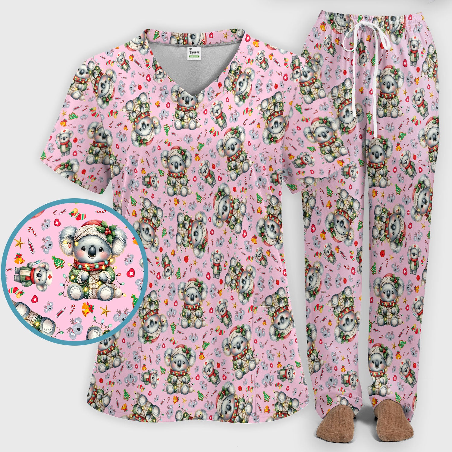 Aussie Koala Nurse Scrub Set - Cute Christmas Medical Uniform - Funny Holiday Animal Scrubs Pants and V Neck Top for Women