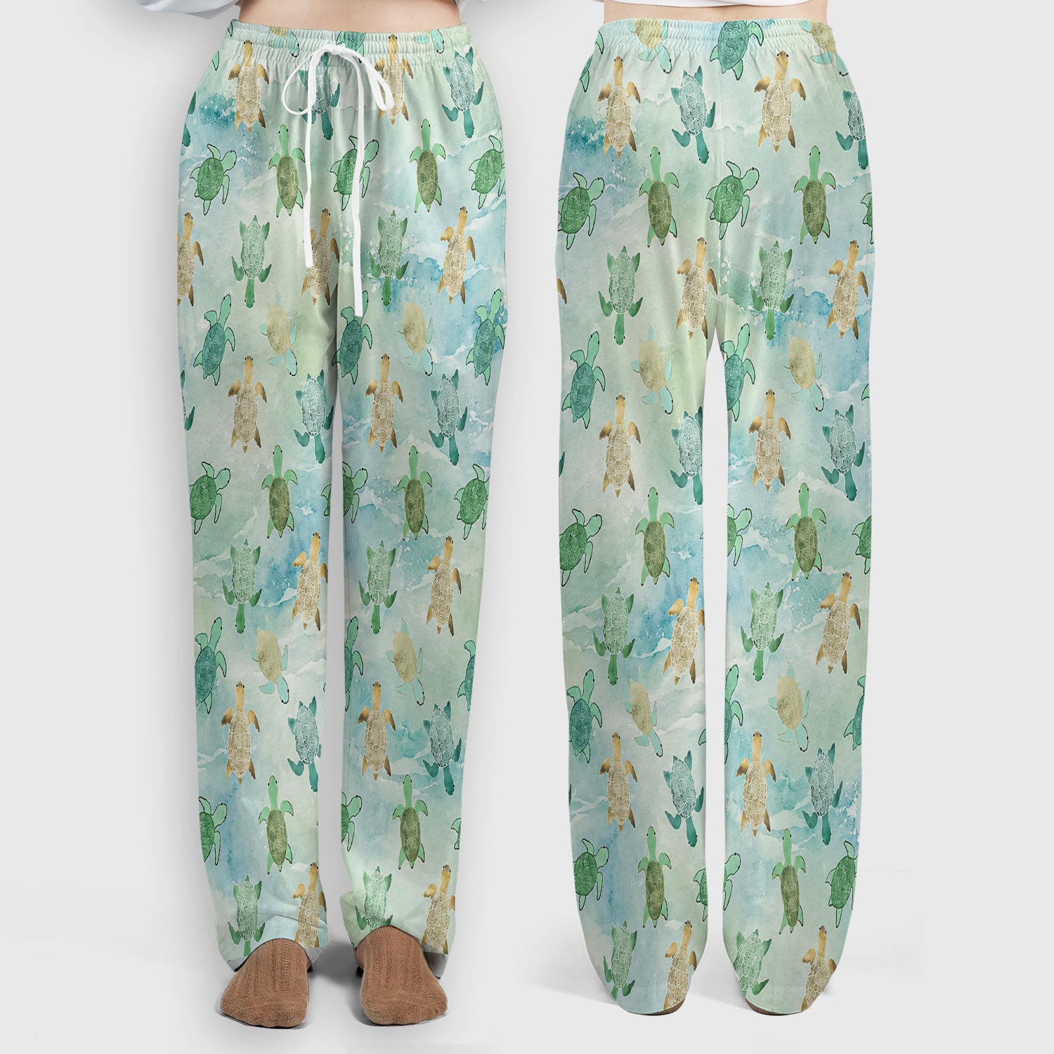 Watercolor Sea Turtle Pattern Scrub Set, Scrub Pants and V Neck Top