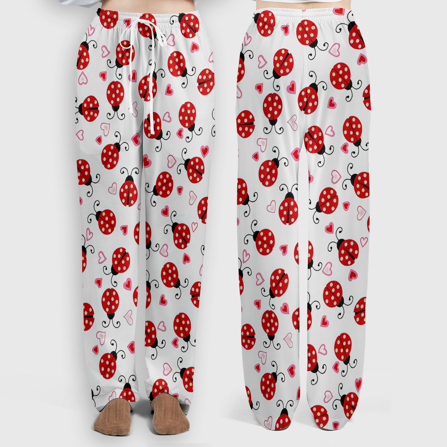 Cute Ladybug Heart Love Pattern Scrub Set, Scrub Pants and V Neck Top