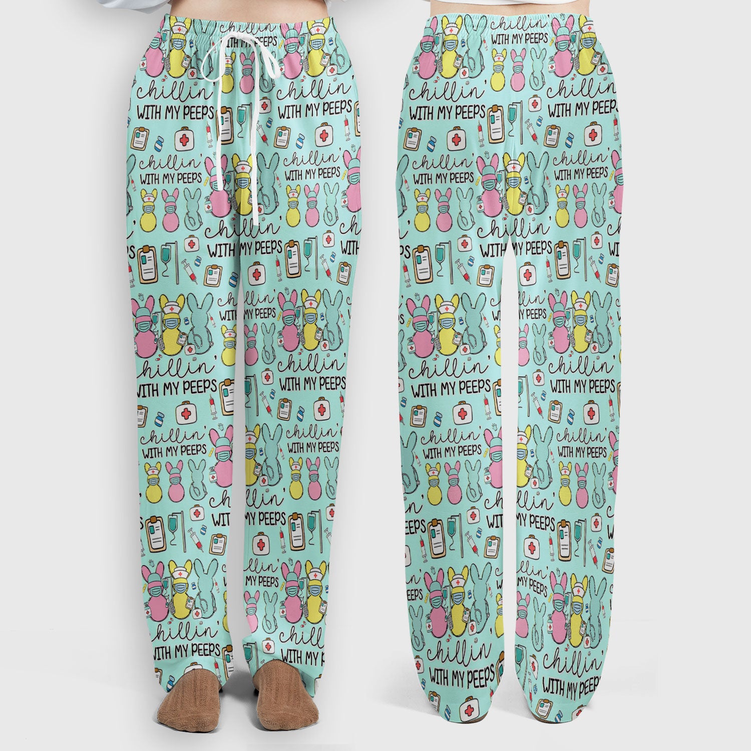 Cute Bunny Nurse Chillin With My Peeps Scrub, Women's Scrub Sets