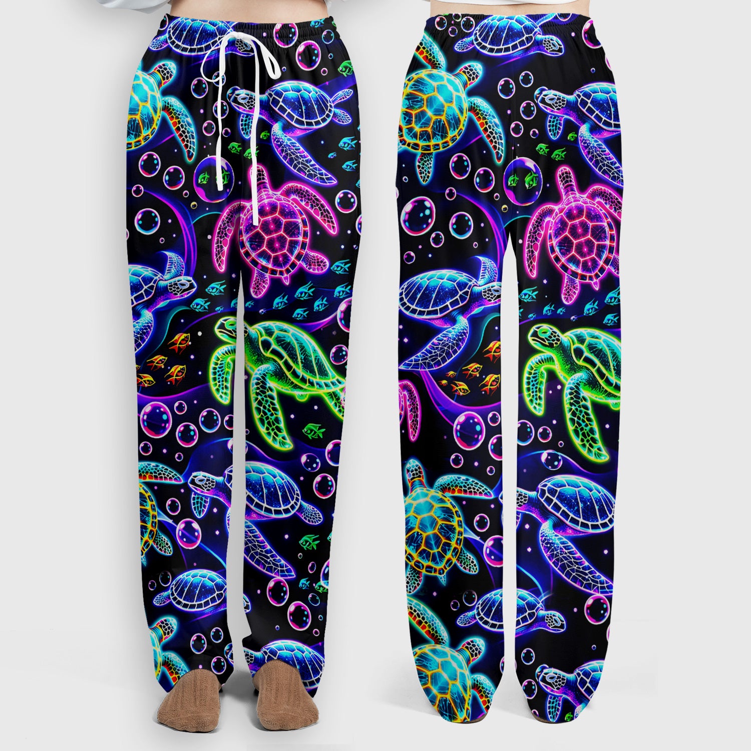 Neon Sea Turtle Swimming Bubble Ocean Scrub Set, Scrub Pants and V Neck Top
