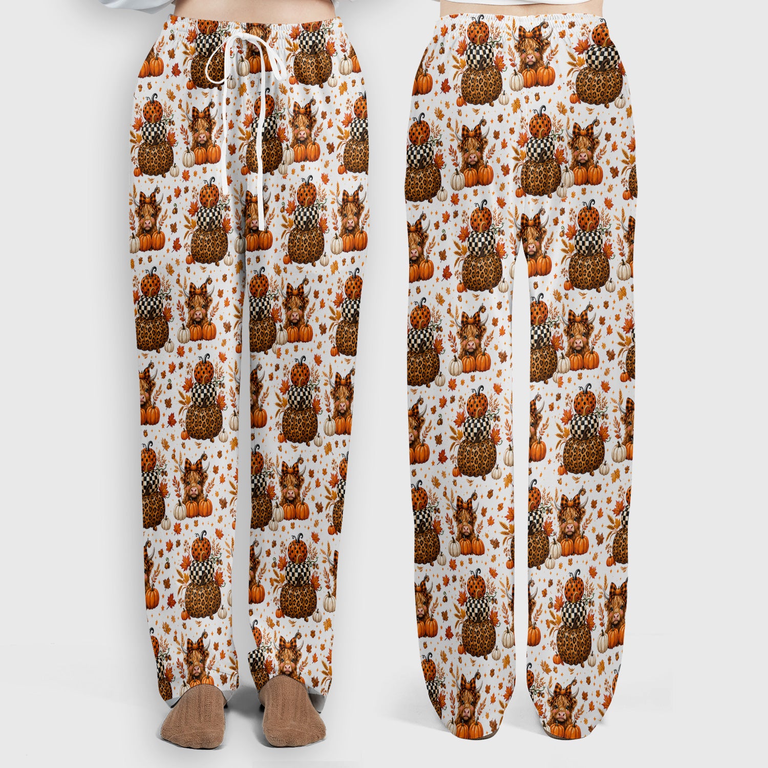 Fall Highland Cow Pattern Scrub Set, Scrub Pants and V Neck Top
