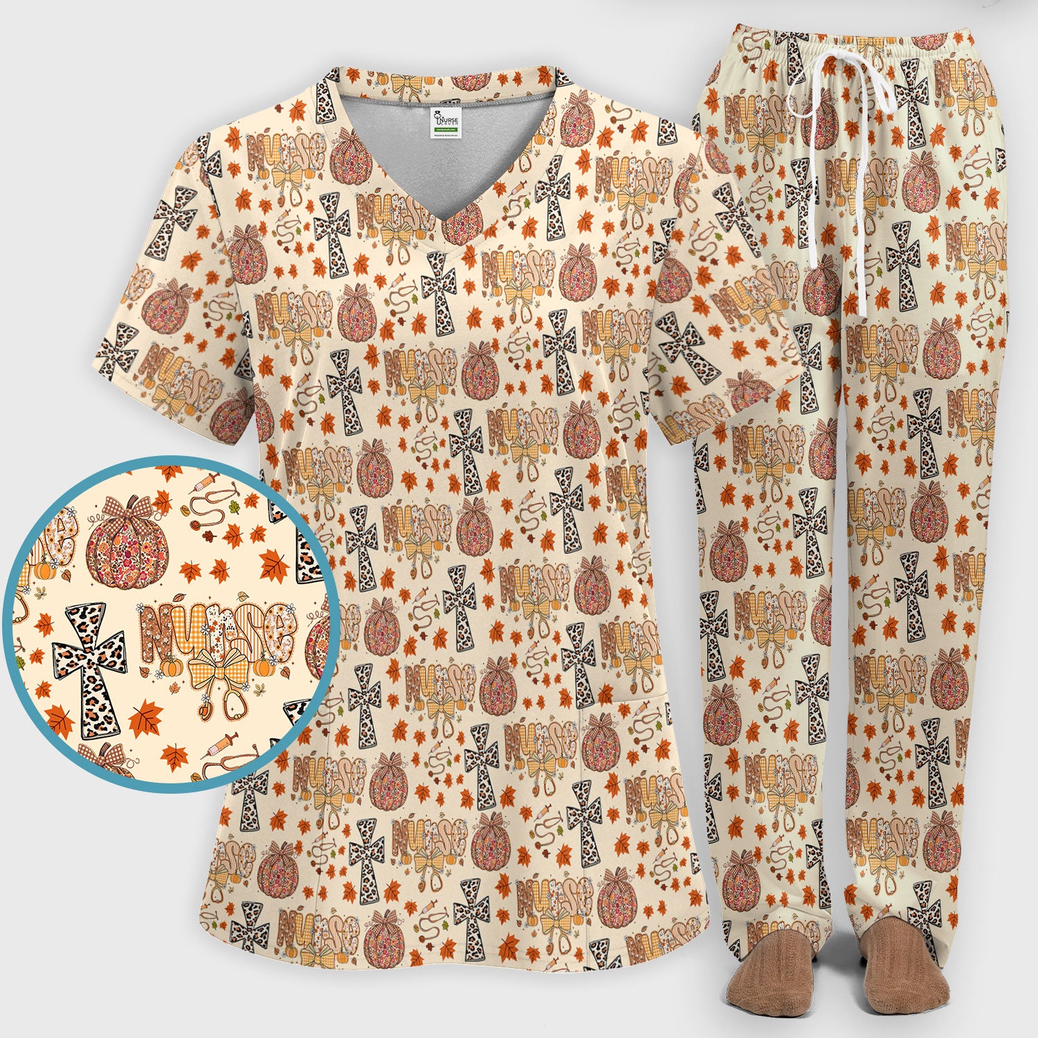 I Will Praise Him In Every Season - Boho Pumpkin Leopard Cross Fall Scrub Sets for Nurse - Thanksgiving Med Uniform for Women
