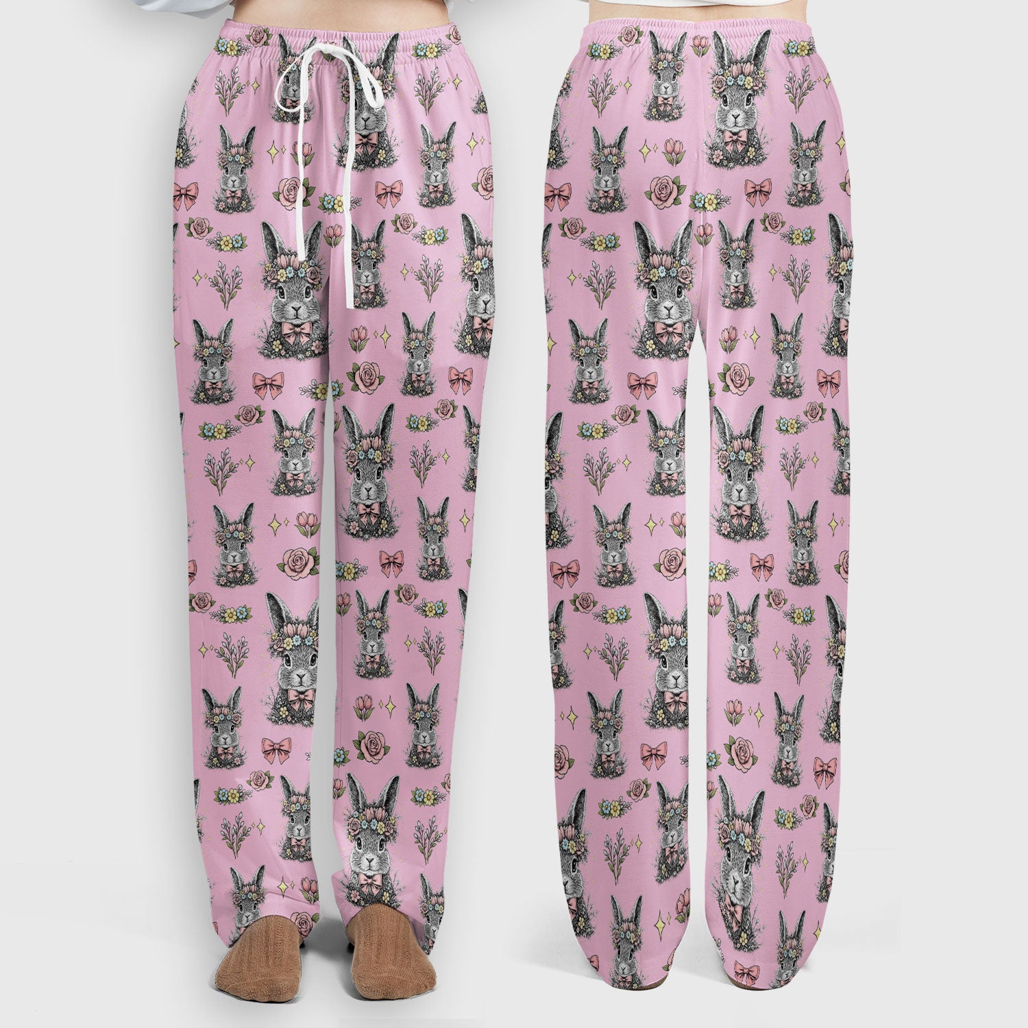 Vintage Floral Bunny Print Scrub Set, Scrub Pants and V Neck Top