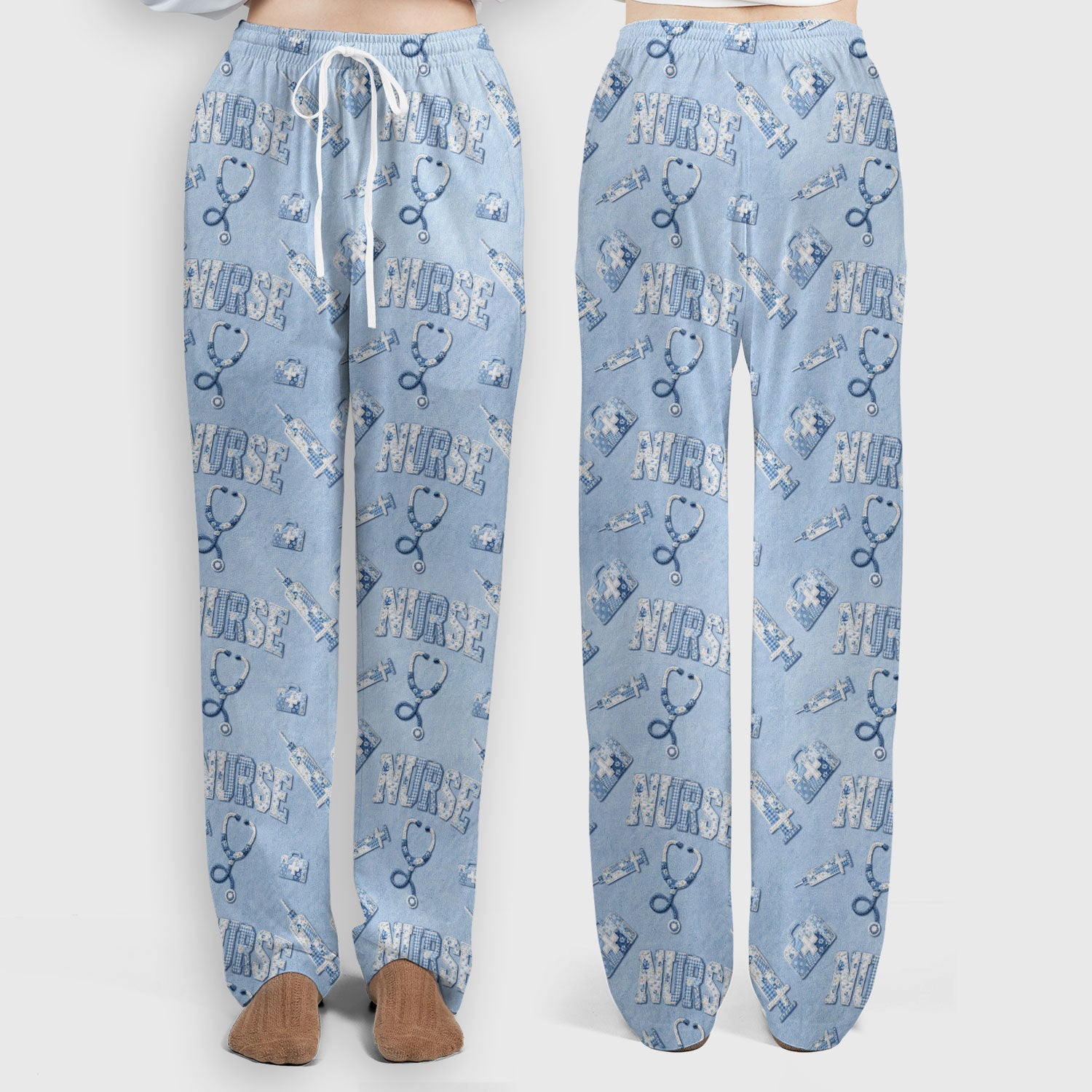 Blue Nurse Medical Pattern Scrub Set, Scrub Pants and V Neck Top