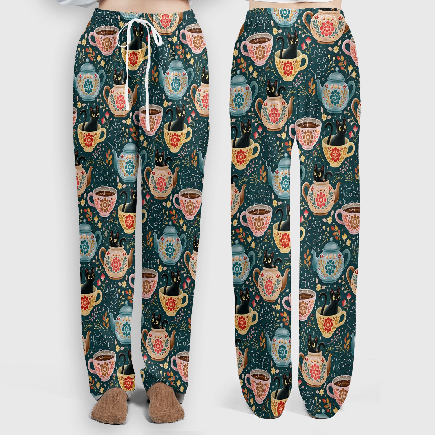 Black Cat Tea Party Veterinary Pattern Scrub Set, Scrub Pants and V Neck Top
