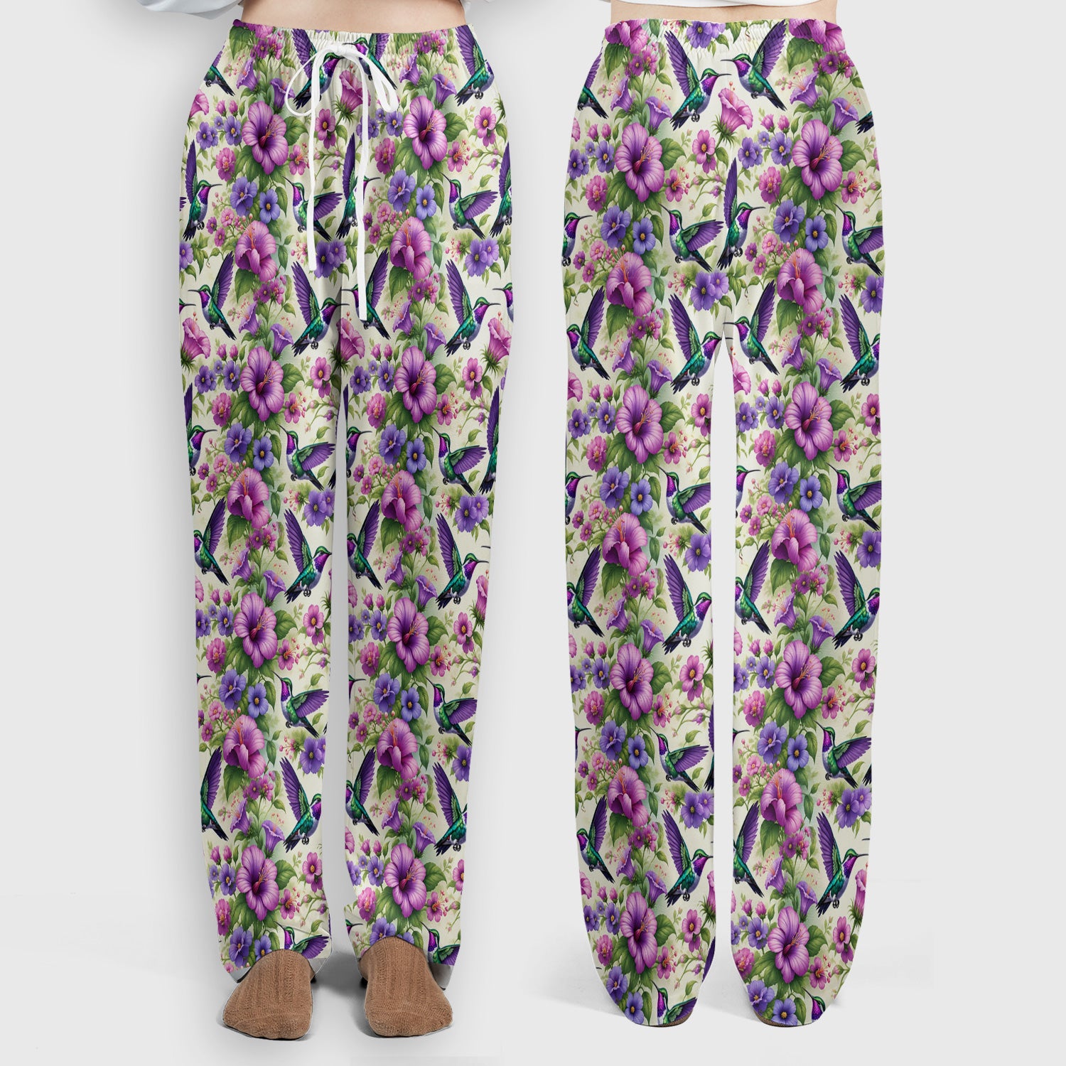 Purple Hummingbird Hibiscus Floral Pattern Scrub Set, Scrub Pants and V Neck Top