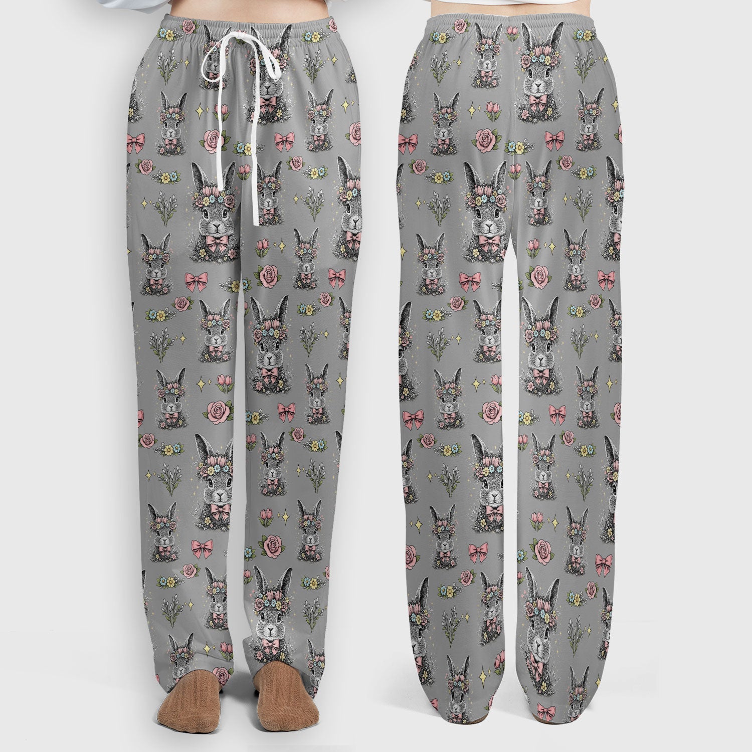 Vintage Floral Bunny Print Scrub Set, Scrub Pants and V Neck Top