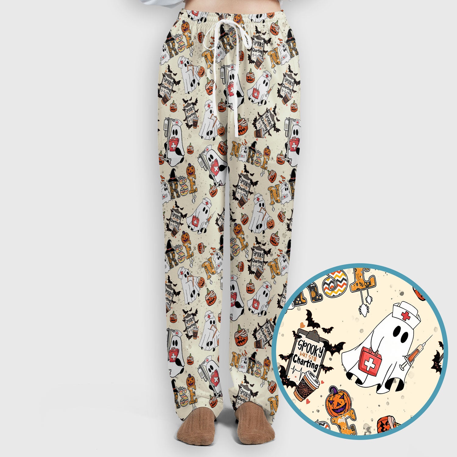 Halloween Women's Scrub Sets - Spooky But Still Charting Boo Nurse - Funny Scrub Pants and V Neck Top - Breathable Med Uniform