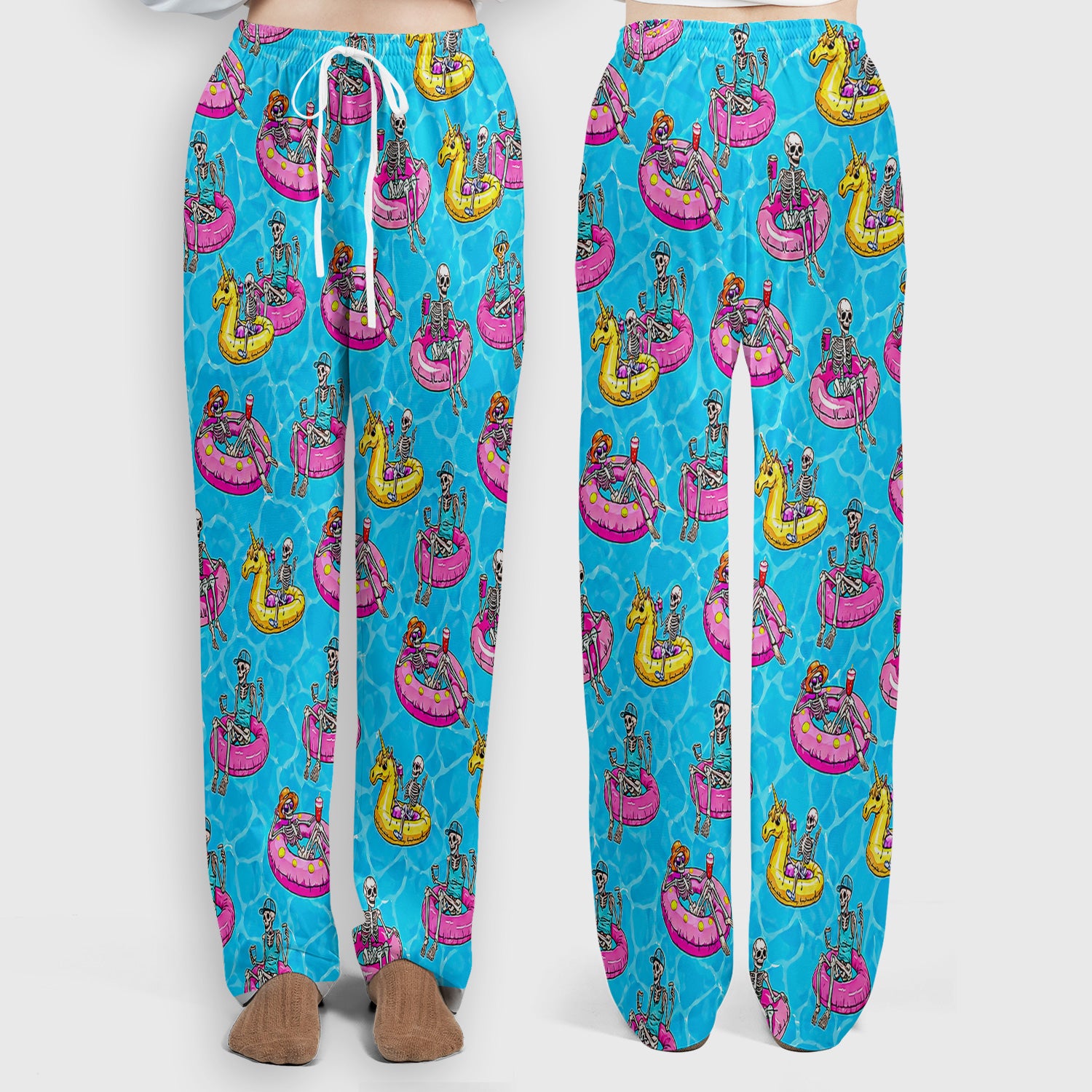 Summerween Skeleton with Pool Float Print Scrub Set, Scrub Pants and V Neck Top