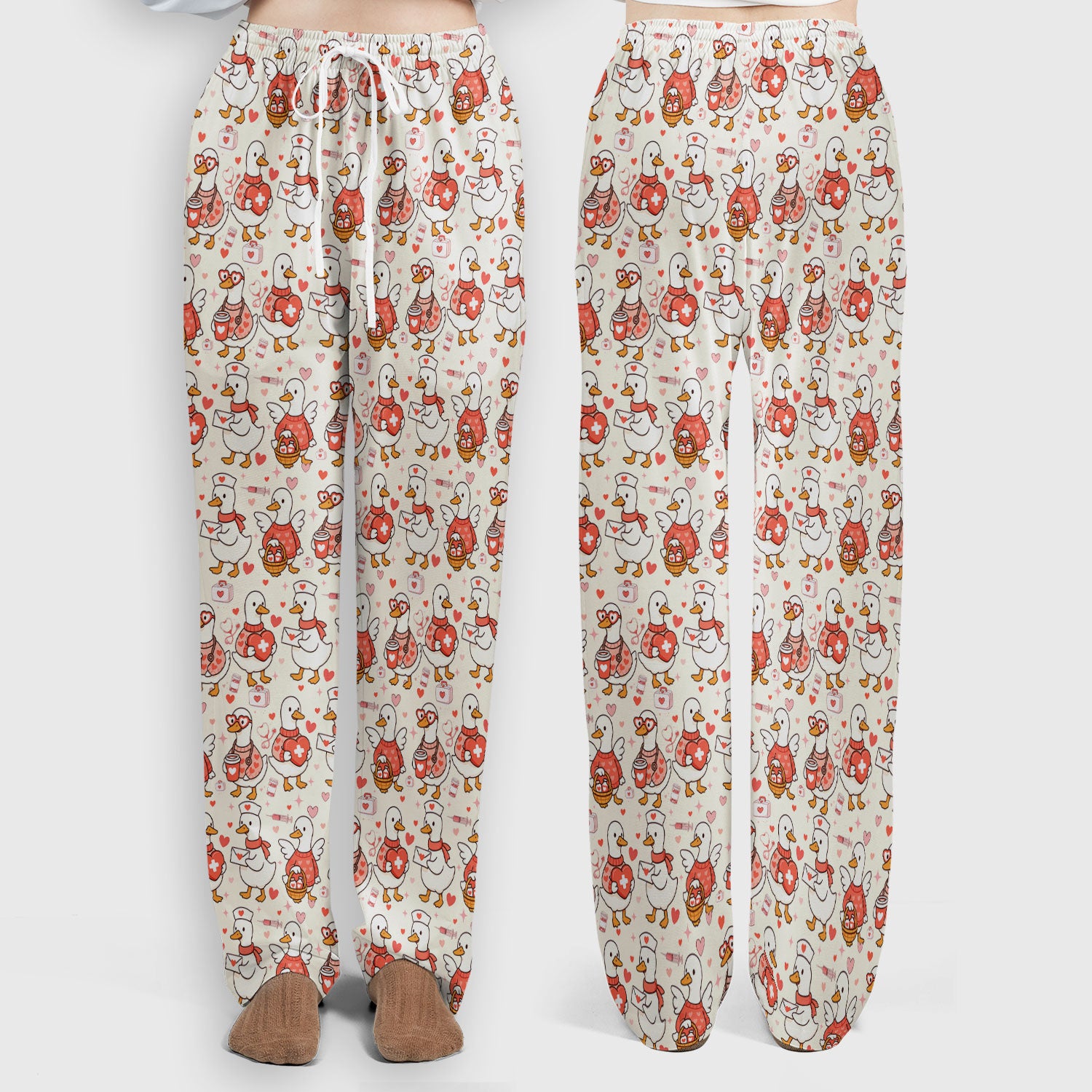Valentine Goose Nurse Scrub Set, Heart Medical Pattern Nurse Shirt, Breathable Fabrics Nursing Uniform