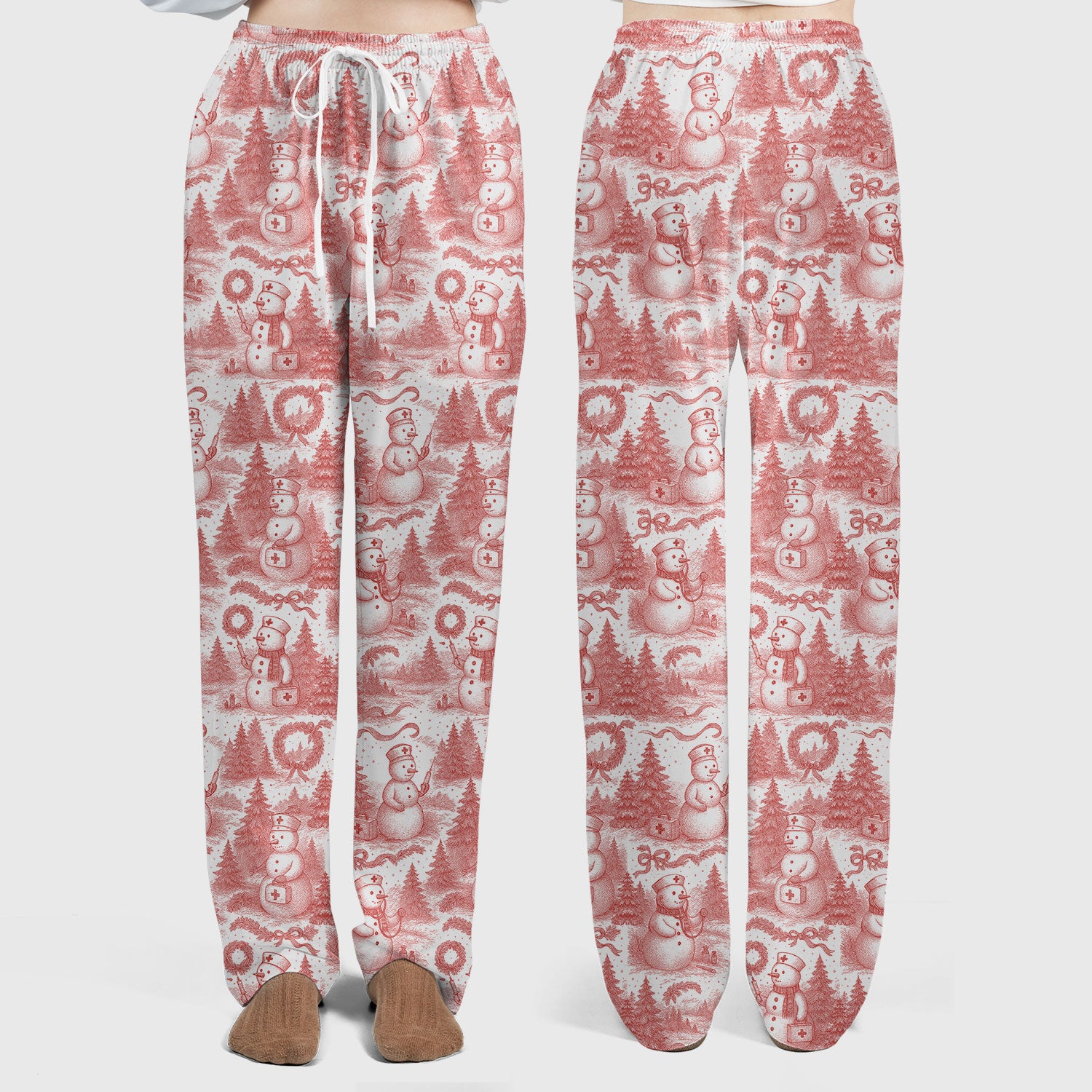 Toile de Jouy Christmas Scrubs Set – Elegant Snowman and Nurse Pattern – Classic Holiday Scrub Top and Pants for Women