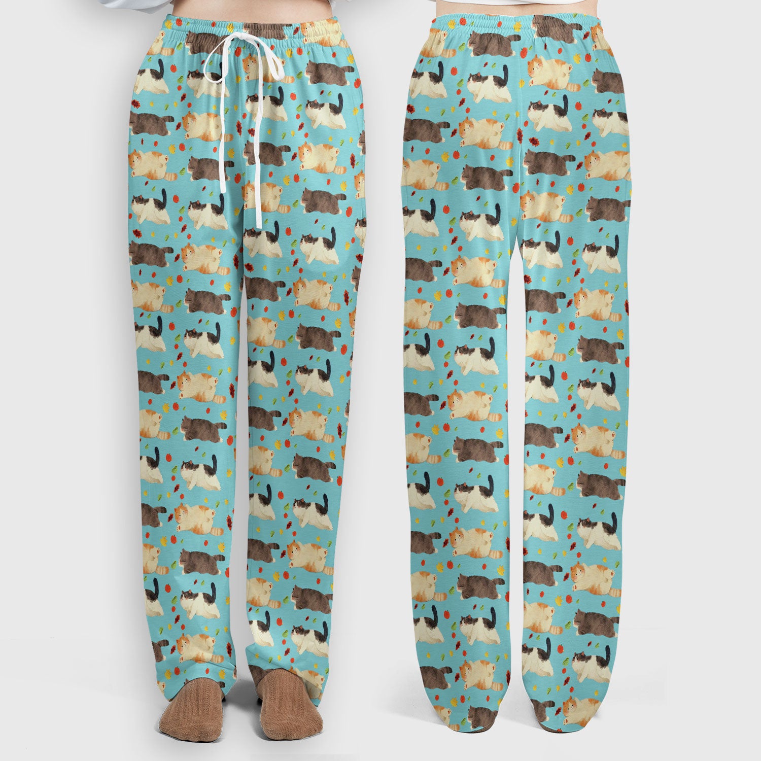 Chubby Cat Autumn Leaves Print Scrub Set, Breathable Med Uniform