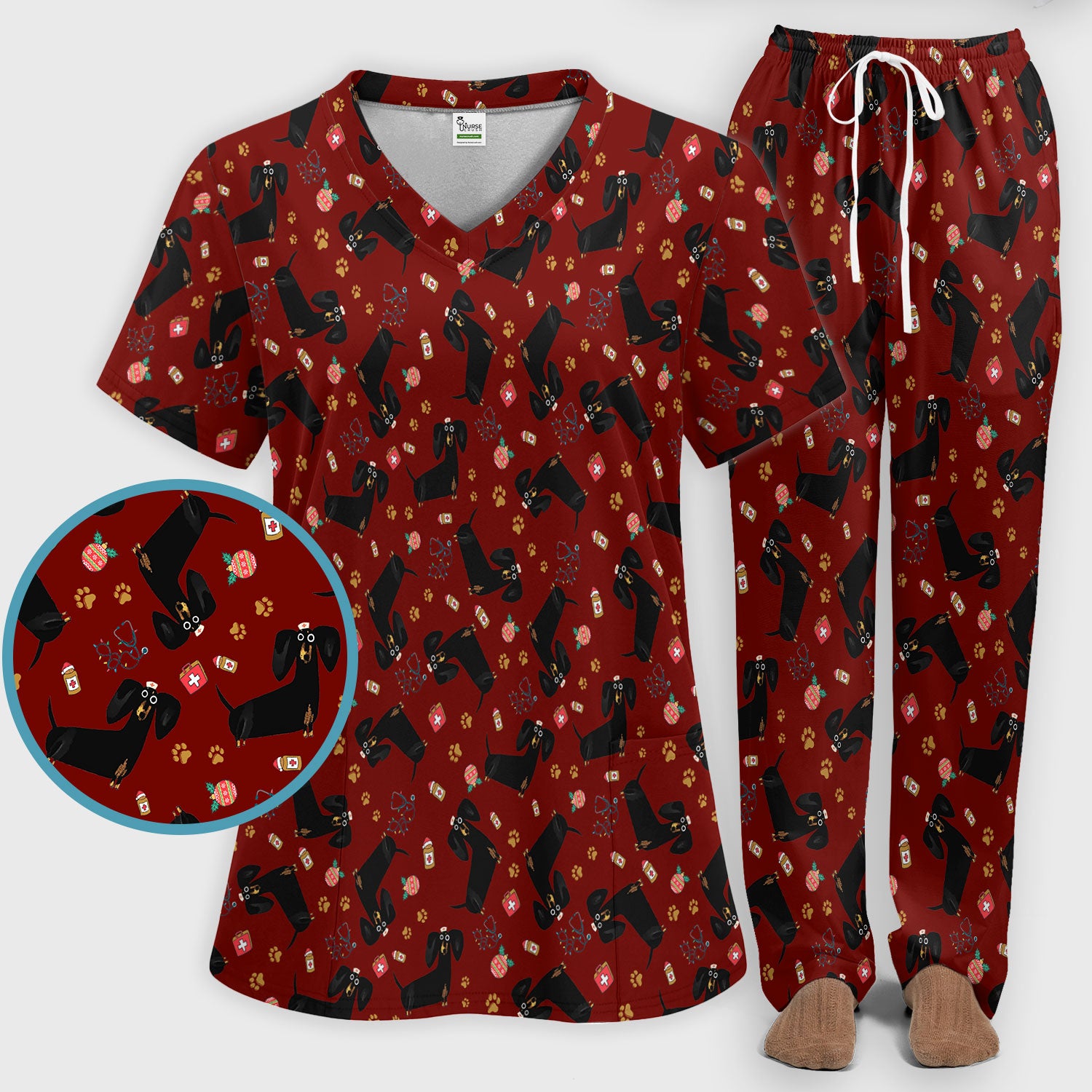 Funny Wiener Dog Scrub Sets for Nurses - Cute Black Dachshund Pants and V Neck Top - Dog Lover Nursing Uniform Gift for Women