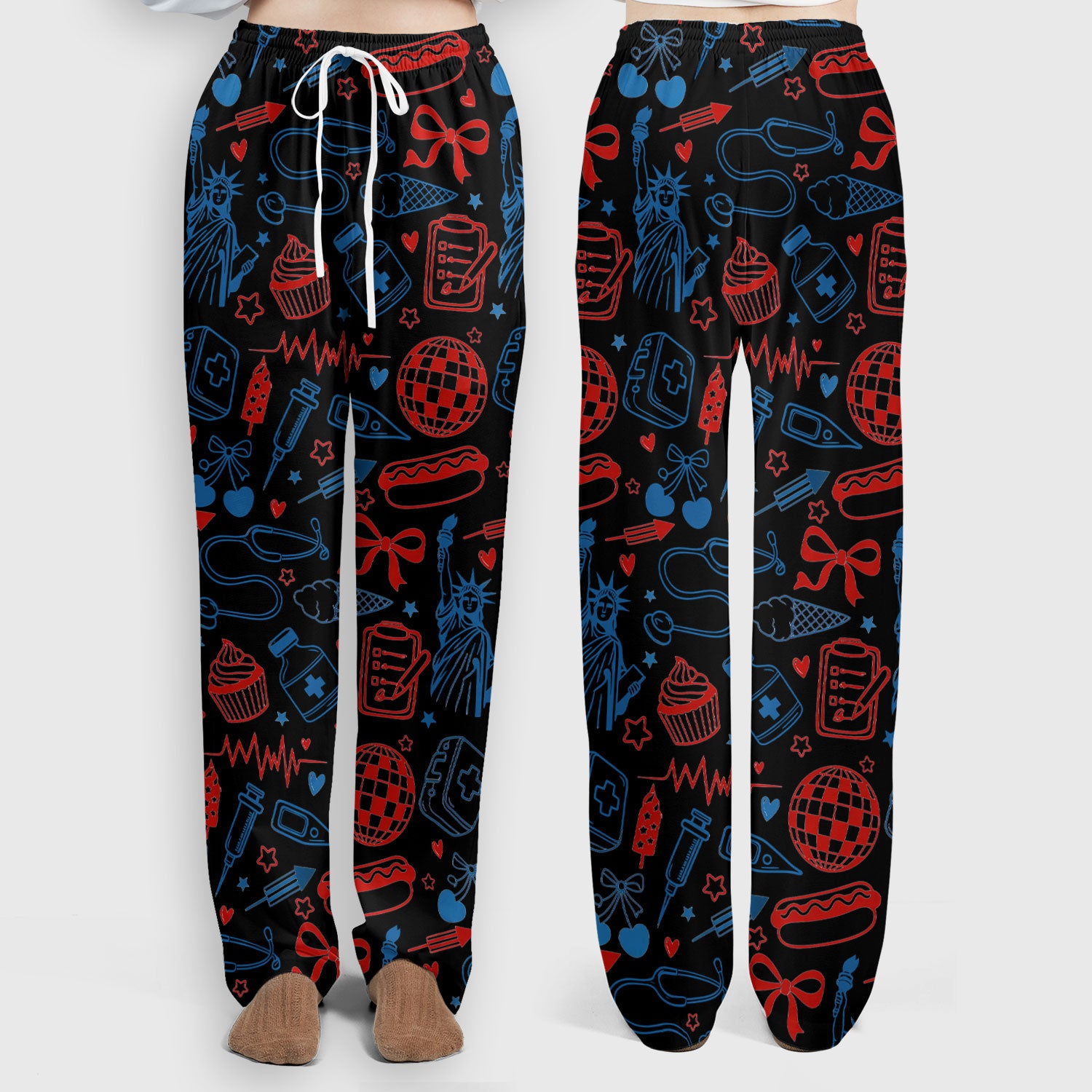 Patriotic Nurse Medical Icons Pattern Scrub Set, Scrub Pants and V Neck Top