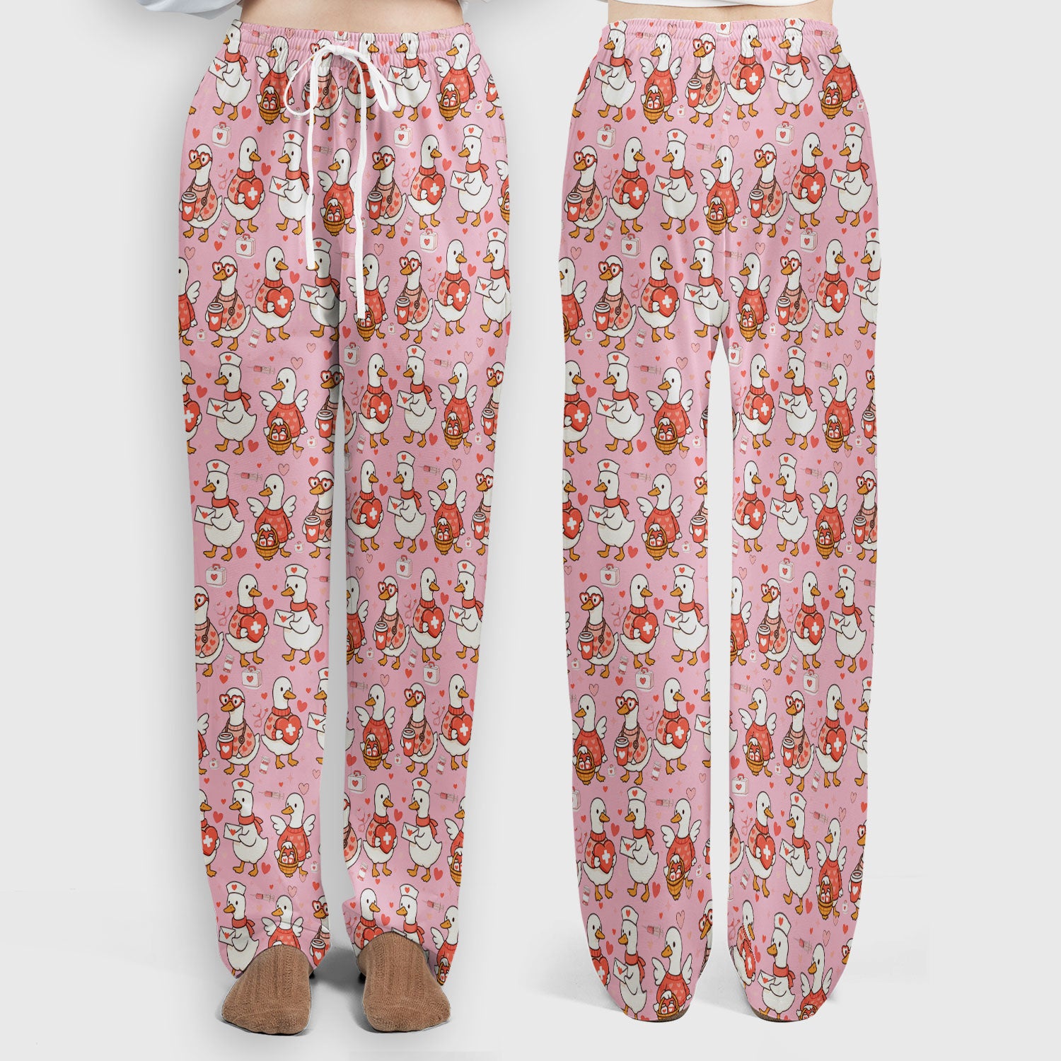 Valentine Goose Nurse Scrub Set, Heart Medical Pattern Nurse Shirt, Breathable Fabrics Nursing Uniform
