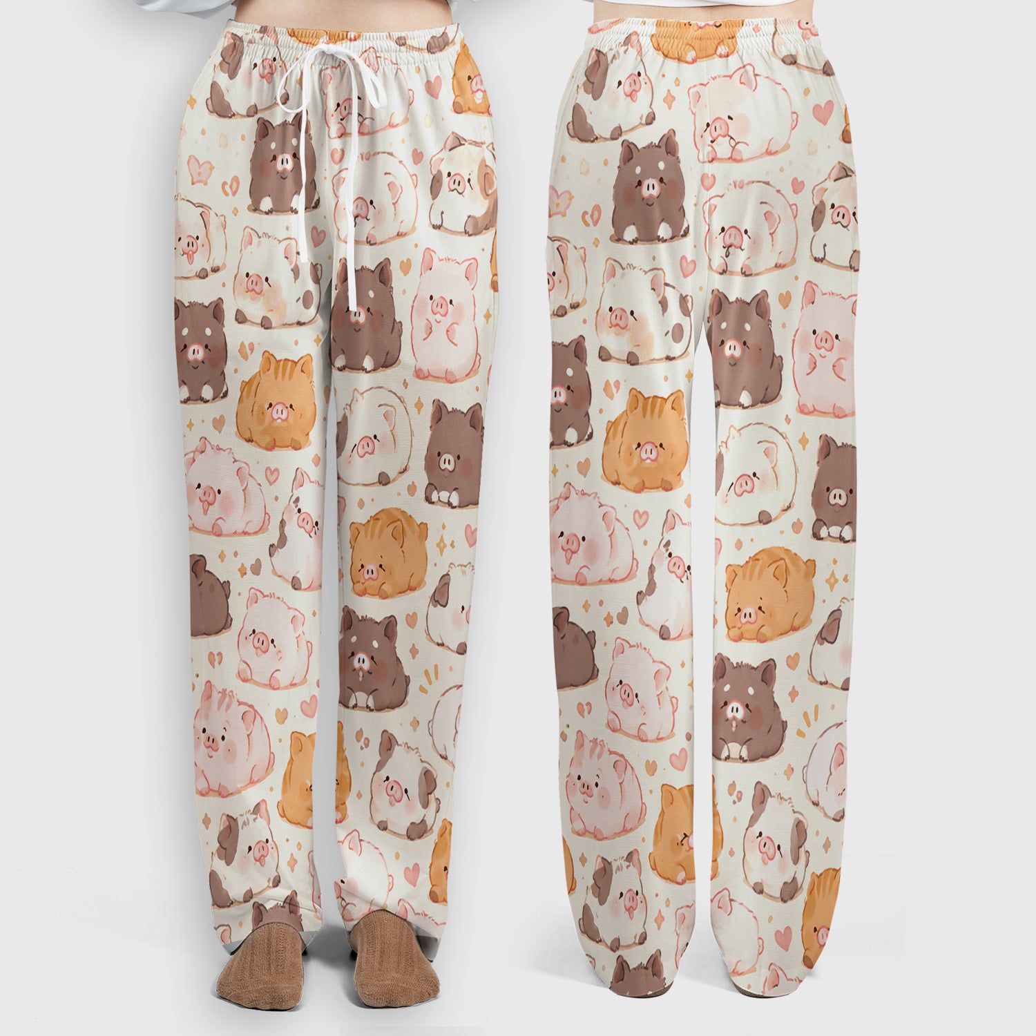 Cute Chubby Pig Nurse Print Scrub Set, Scrub Pants and V Neck Top