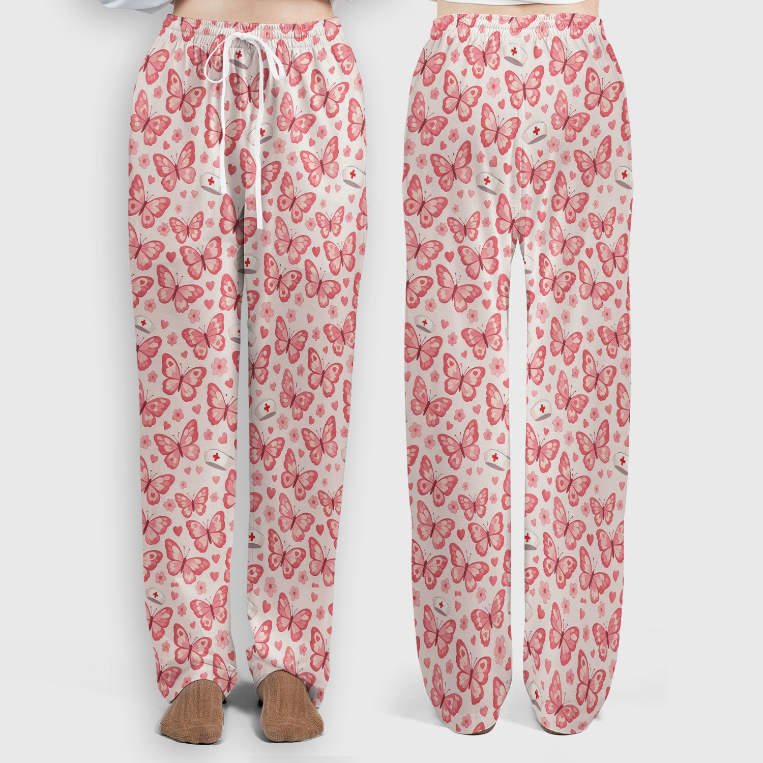 Valentine Butterfly Pattern Nurse Scrub Set, Pink Heart Medical Shirt For Women, Breathable Fabrics Nursing Uniform
