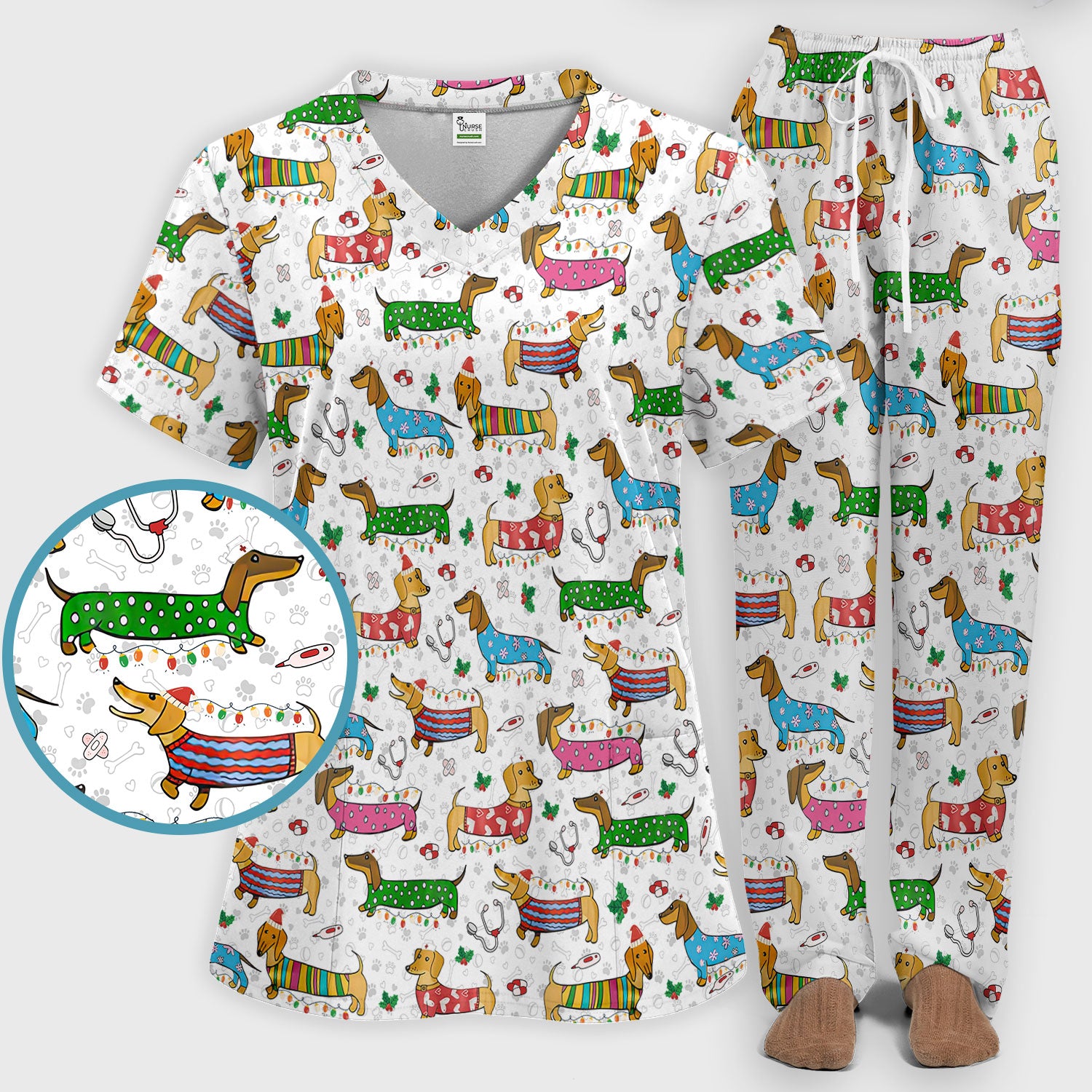 Christmas Scrub Set for Women - Funny Dachshund Scrubs Pants and V Neck Top - Cute Holiday Medical Uniform Gift for RN LPN CNA
