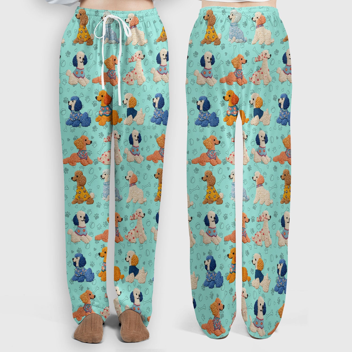 Cute Colorful Poodle Pattern Scrub Set, Scrub Pants and V Neck Top