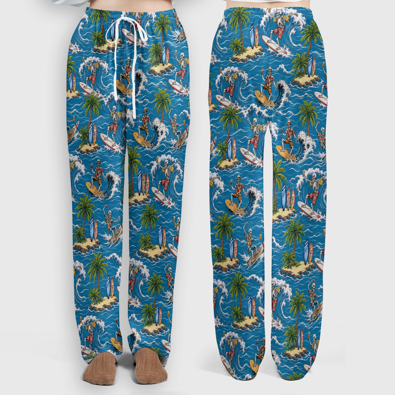 Spooky Tropical Skeleton Surfer Pattern Scrub Set, Scrub Pants and V Neck Top