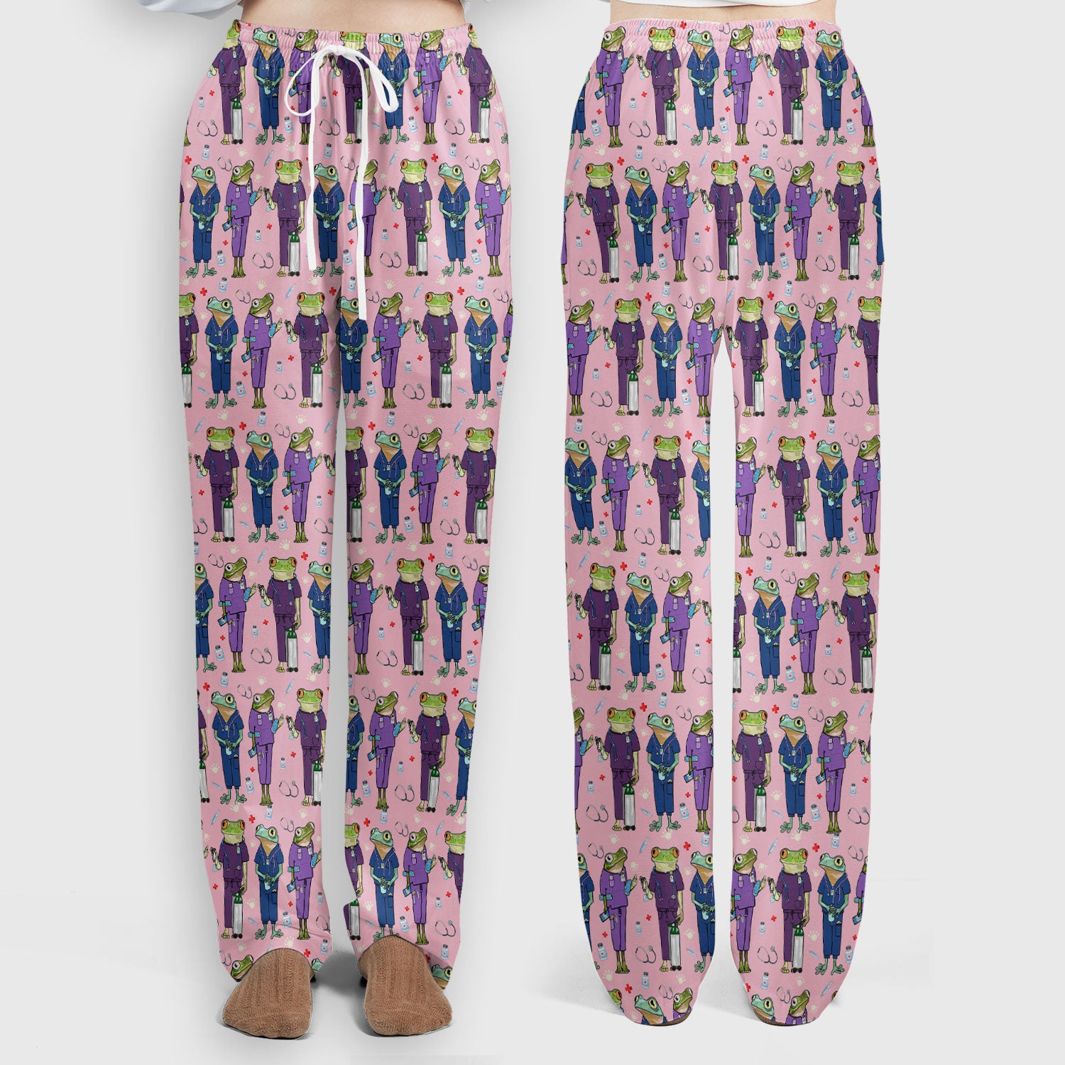 Funny Frog Nurse Pattern Scrub Set, Scrub Pants and V Neck Top