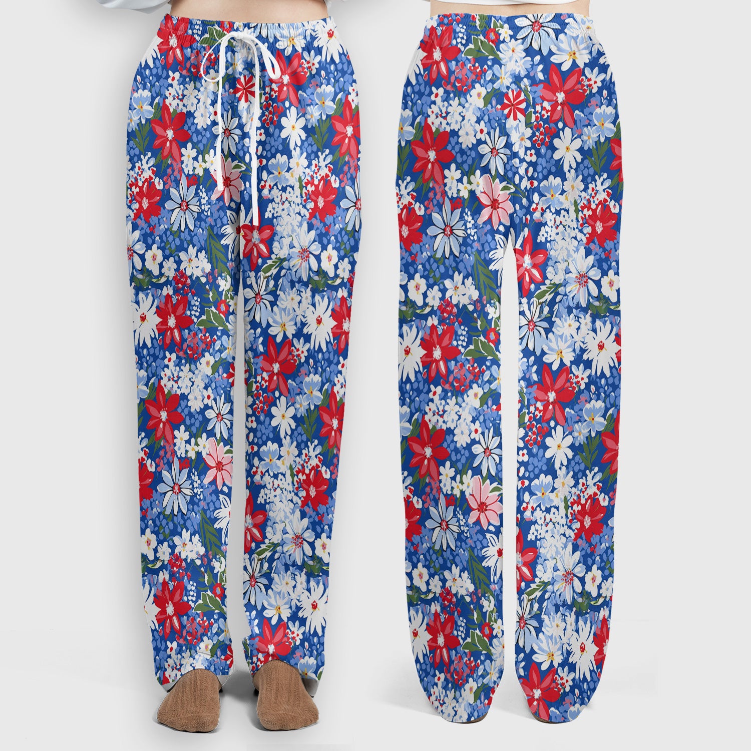 Patriotic Red White Blue Floral Garden Print Scrub Set, Scrub Pants and V Neck Top