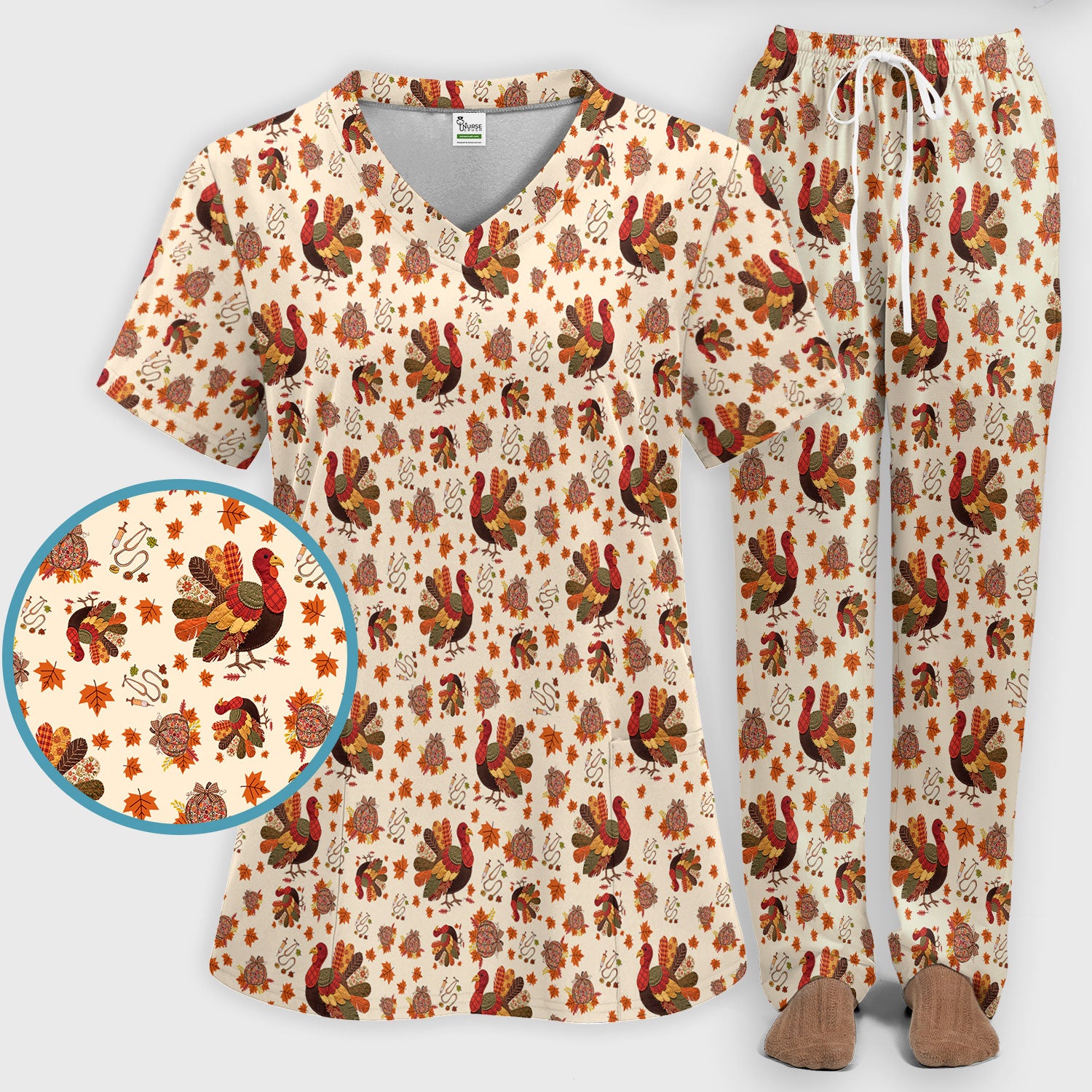 Fall Leaves Thanksgiving Women's Scrub Set - Comfortable Scrub Pants and V Neck Top - Funny Turkey Nursing Uniform