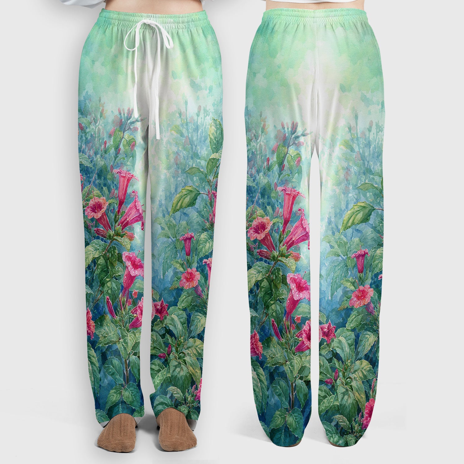 Vintage Hummingbird Floral Garden Pattern Scrub Set, Scrub Pants and V Neck Top